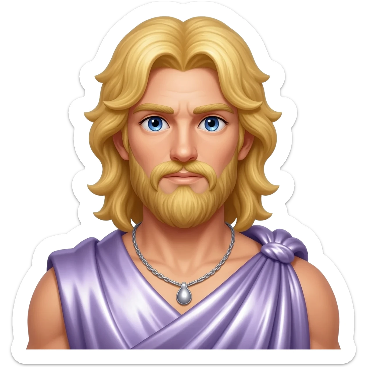 Zeus from Greek Mythology with blue eyes, long blonde hair, lilac metallic toga, silver necklace sticker