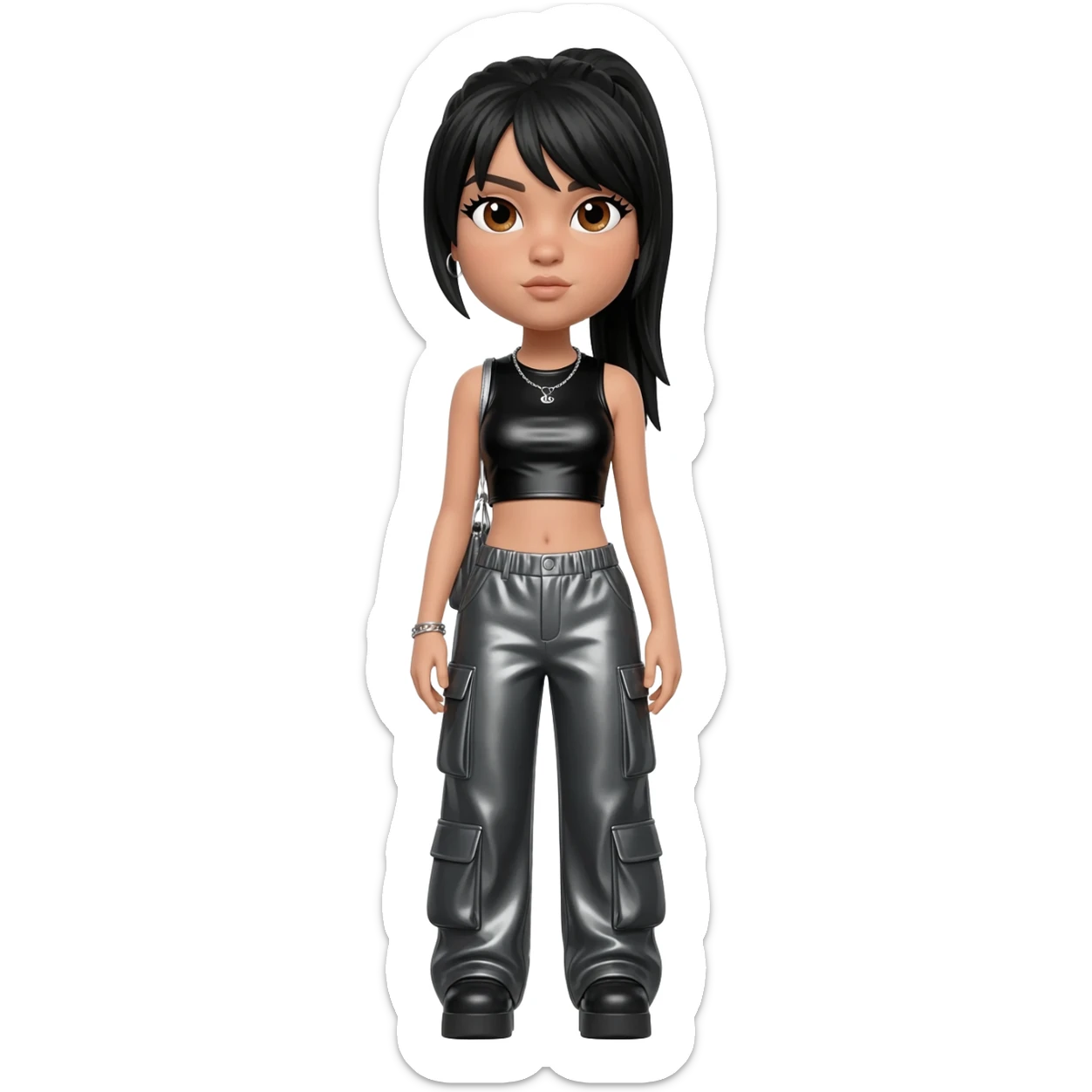 Left Eye from TLC with brown eyes, black ponytail hair, black metallic crop top, charcoal metallic baggy pants, silver necklace sticker