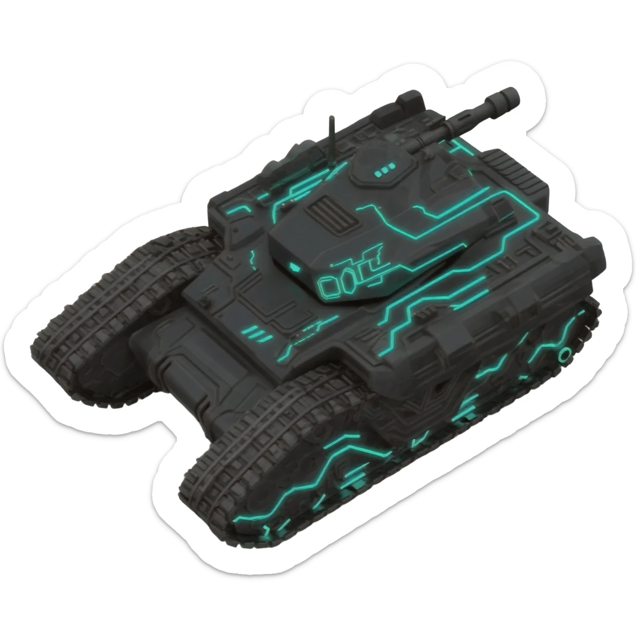 A top down view of a robot with tank tracks, in a cyber punk futuristic style far beyond what is currently available today, from the year 3000, the camera needs to be directly above the robot looking down sticker