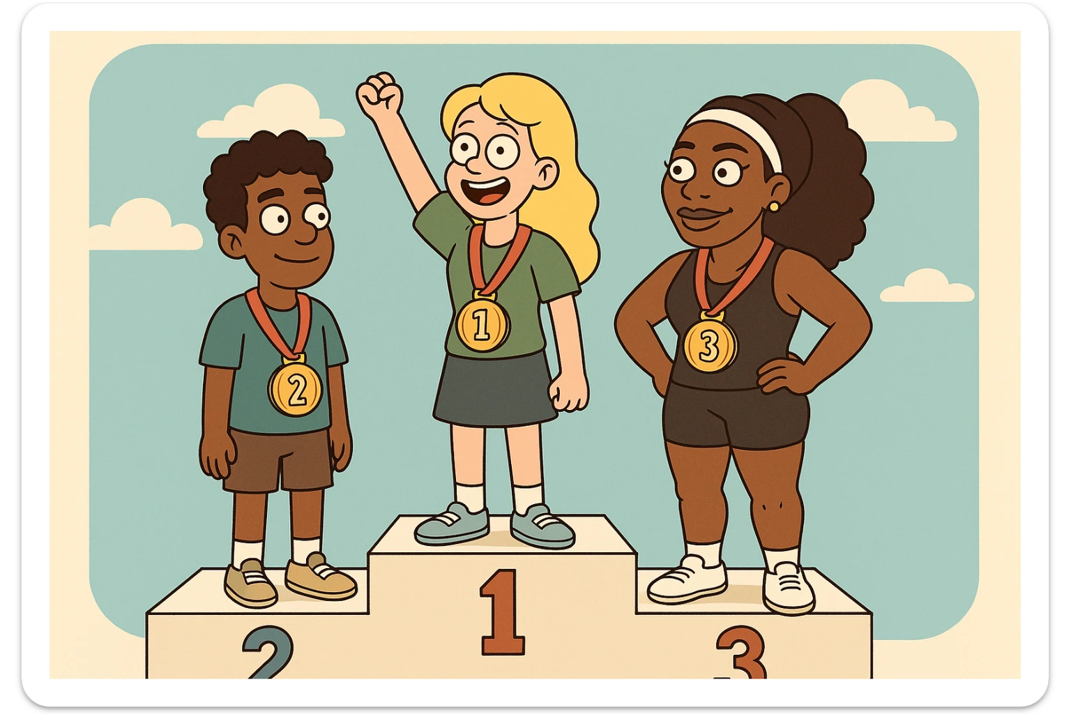 winners podium girl yellow hair Olympic Gold Medal a boy brown skin black Classic Curl hair Olympic Gold Medal Serena Williams Olympic Gold Medal  sticker