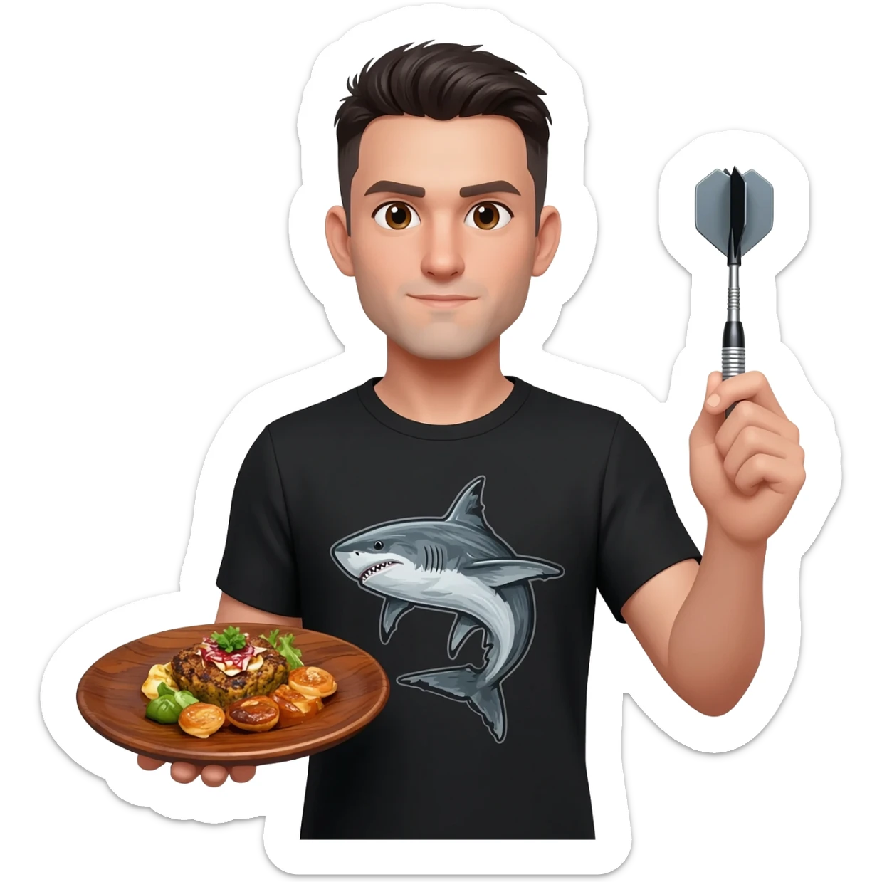 a handsome man wearing a t-shirt with a shark image on it.  He's holding great food on his left hand and a dart on his right hand sticker