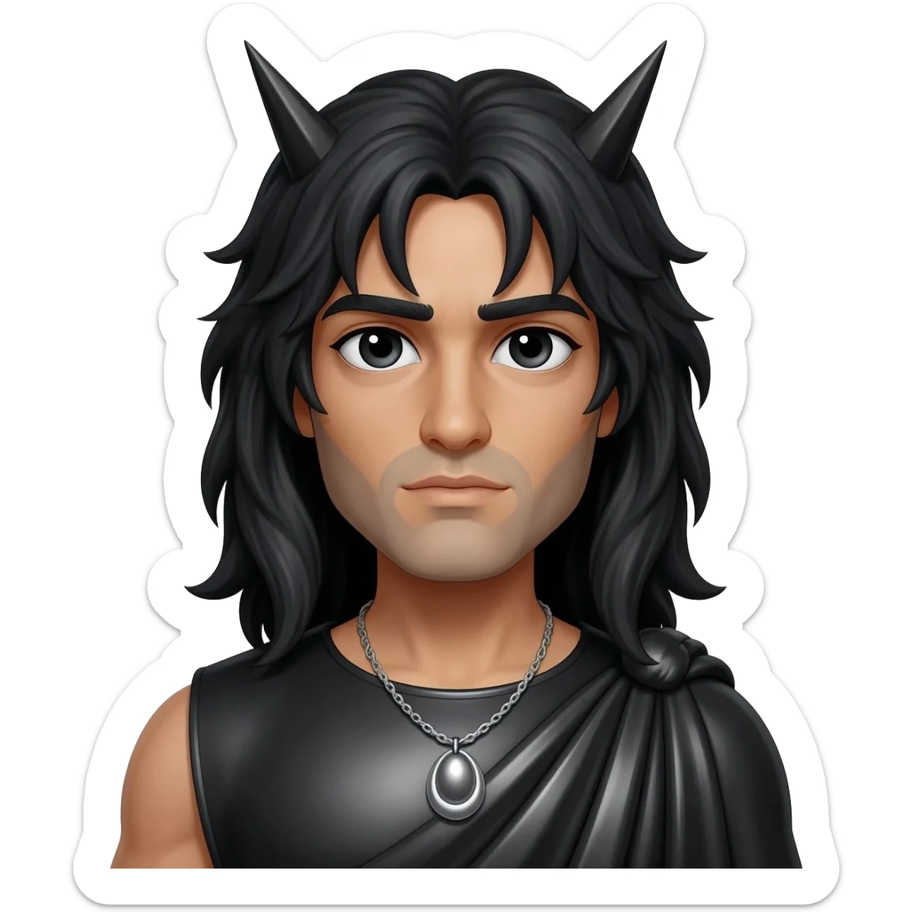 Hades from Greek Mythology with black eyes, long black hair, black metallic toga, silver necklace sticker