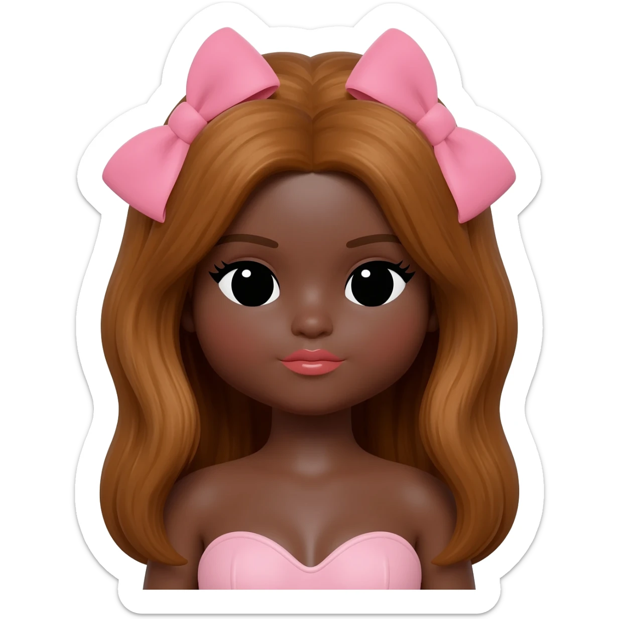 Doll, big chest, dark brown skin, honey brown hair, black cute eyes, pink bows with cute lips sticker
