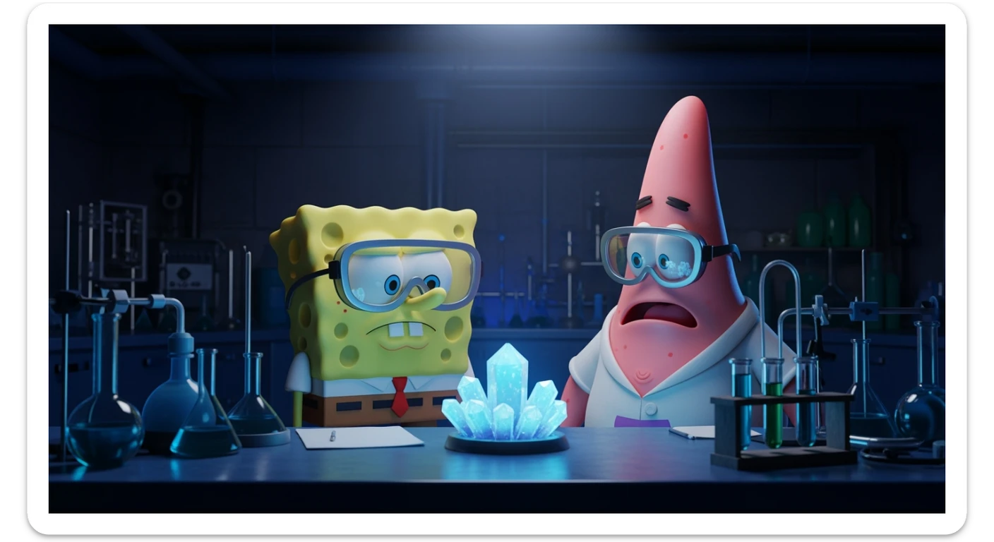 3D cienmatic cartoon shot, spongebob and patric dress in safety glasses and safe white outfit, the are standing front of table with blue crystals on table glowing (light source) science room in basement, back light, Cinema 4d render, proffesional lightning sticker