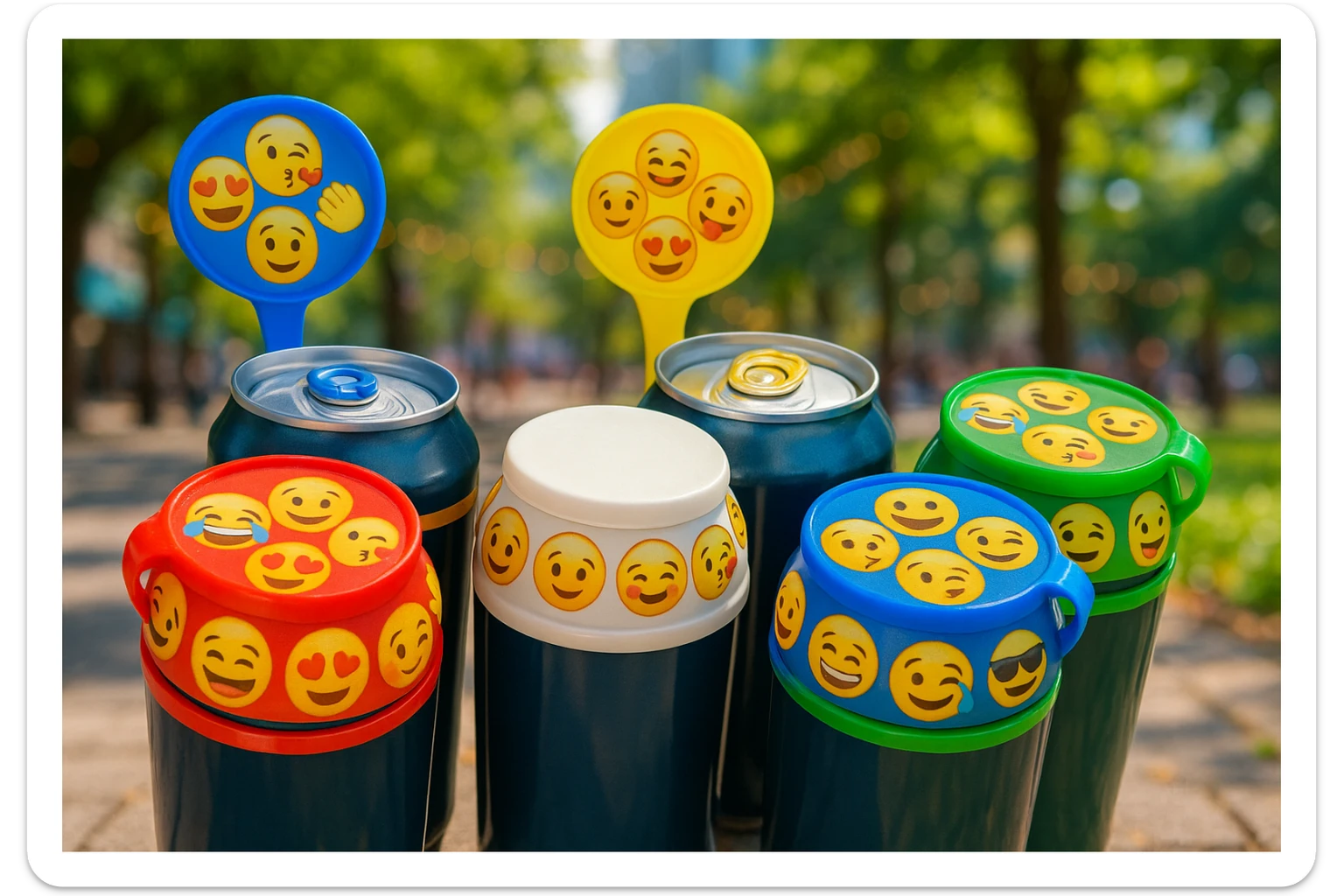 Rakj a kupakokra emoji-kat, smiley-kat, megváltoztathatod a háttereket. valósághű legyen a kép, 1000x600px méretű legyen. fiatal, dinamikusfotókat készíts! csak a kupak külső részére rakj mintát! sticker