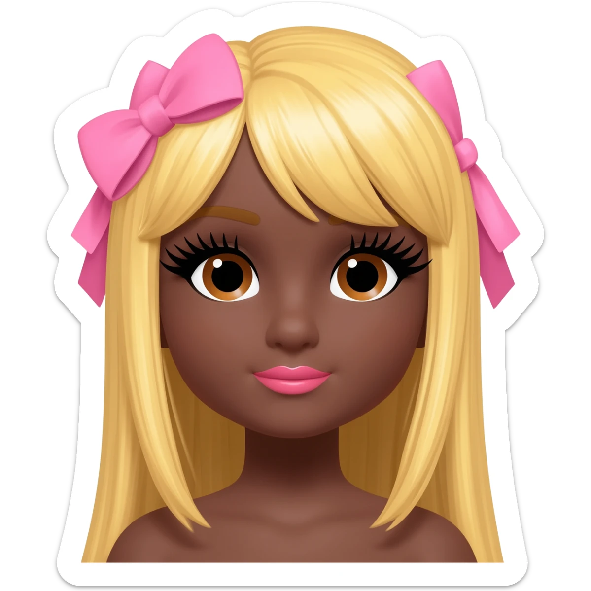 Doll with darkbrown skin with long blonde hair with pink bows, lashes, cute lips sticker