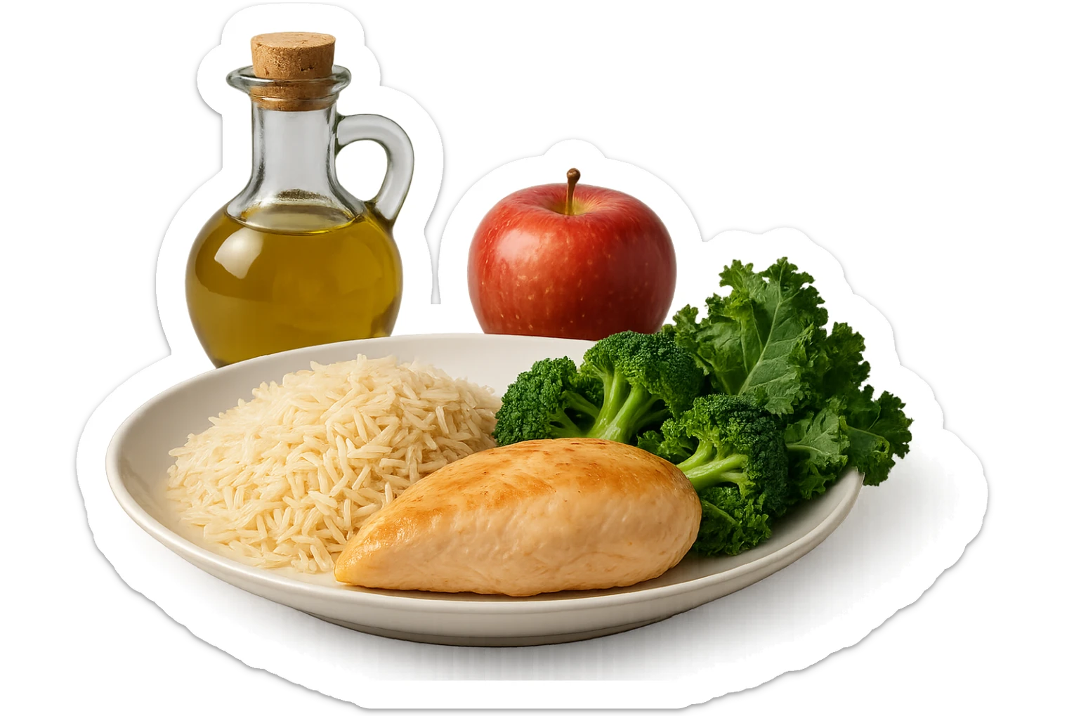 Riso basmati
Petto di pollo
Verdura fibrosa verde
Olio EVO
Mela
vista frontale, iperrealistico 4k sticker