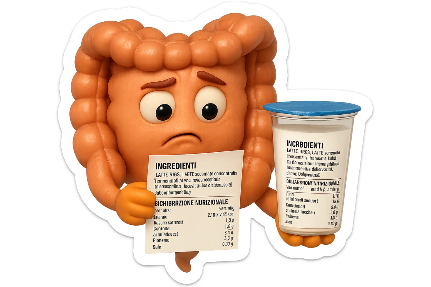 SU QUESTO STILE FAI UN EMOJI STILE IPHONE 3D DI UN INTESTINO CHE HA IN MANO UN BARATTOLO DI YOGURT CONFEZIONATO DA SUPERMERCATO E LEGGE L'ETICHETTA NUTRIZIONALE CON GLI INGREDIENTI IN ITALIANO, ACCANTO ALLO YOGURT CHE HA IN MANO C'è UN FOCUS SULL'ETICHETTA CON GLI INGREDIENTI SCRITTI, FAGLI UN ESPRESSIONE CONFUSA MENTRE LEGGE E FALLO MOLTO REALISTICO IN 3D sticker