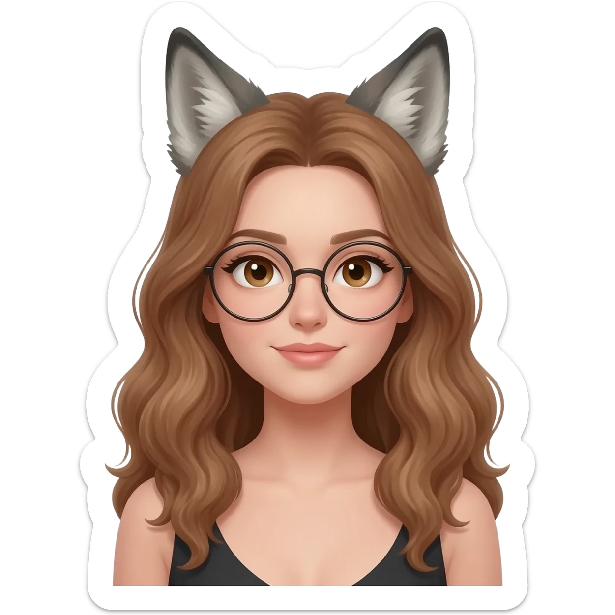detailed emoji illustration of a woman with long light brown wavy hair and light brown eyes wearing round glasses, with wolf ears on top of her head, cute fantasy emoji style sticker