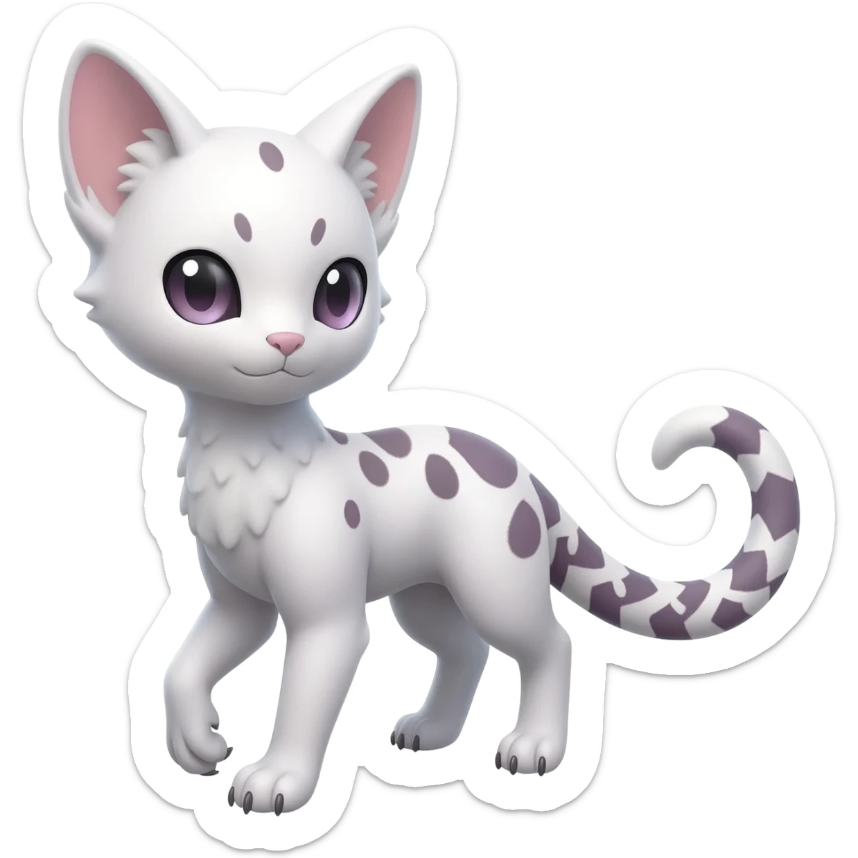 Cute realistic albino Minccino-Lykoi-Emolga-Pachirisu-Zangoose-fusion-hybrid-animal-Fakémon-creature, full body, thin long sleek scaly tail, intricate markings sticker