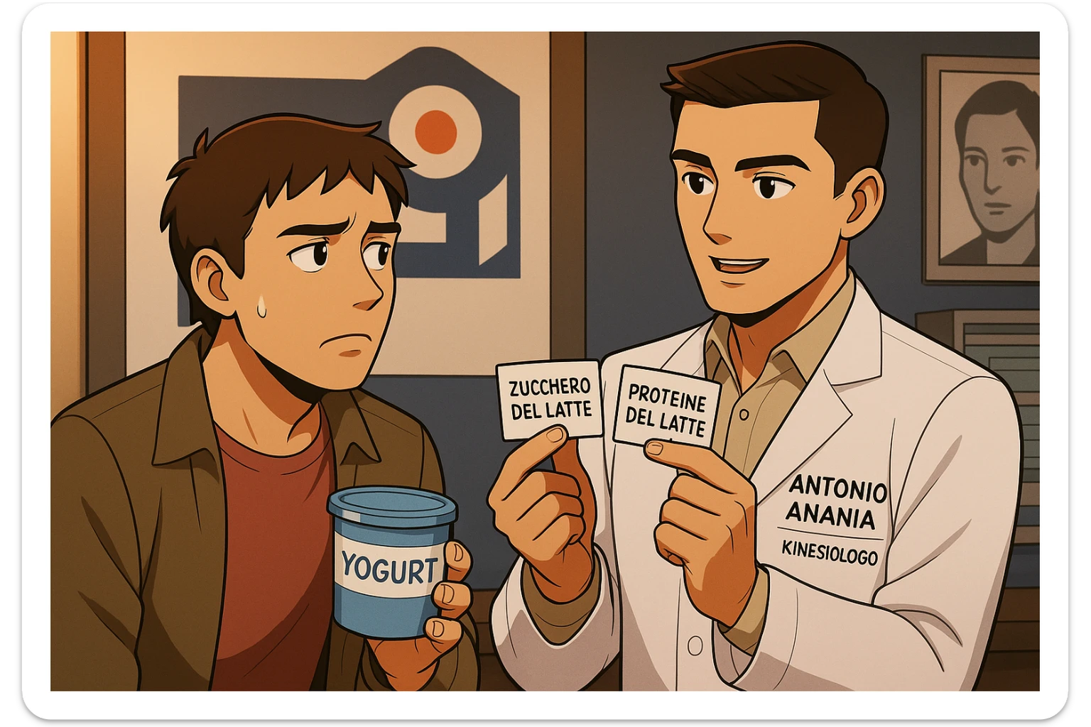 fai un webtoon manga a colori con questo stile, in cui un uomo ASCOLTA Il kinesiologo con il camice bianco (fagli anche la scritta "ANTONIO ANANIA" SUL CAMICE, IL KINESIOLOGO SPIEGA ALL'UOMO UNA COSA TENENDO DUE FOGLIETTINI IN MANO, UNO CON LA SCRITTA "ZUCCHERO DEL LATTE" E UNA CON LA SCRITTA "PROTEINE DEL LATTE". L'UOMO OSSERVA LO YOGURT CHE HA IN MANO CON ESPRESSIONE DUBBIOSA IN VOLTO. non fare i fumetti però, fai solo in modo che sembri stiano parlando sticker