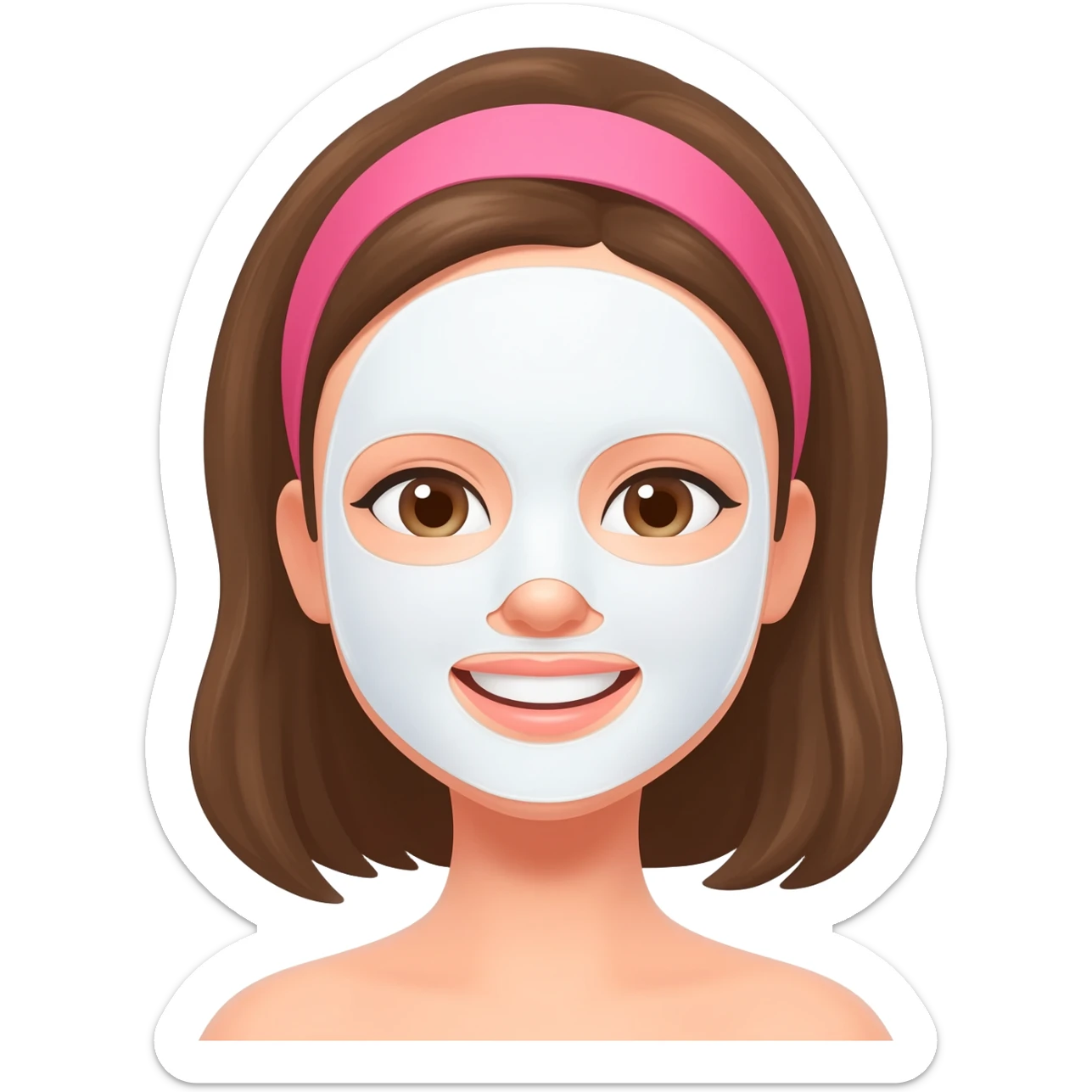 A smiling woman with brown hair, wearing a pink headband, wearing a white sheet mask, simple emoji style, flat 2D render, pastel colors, white background sticker