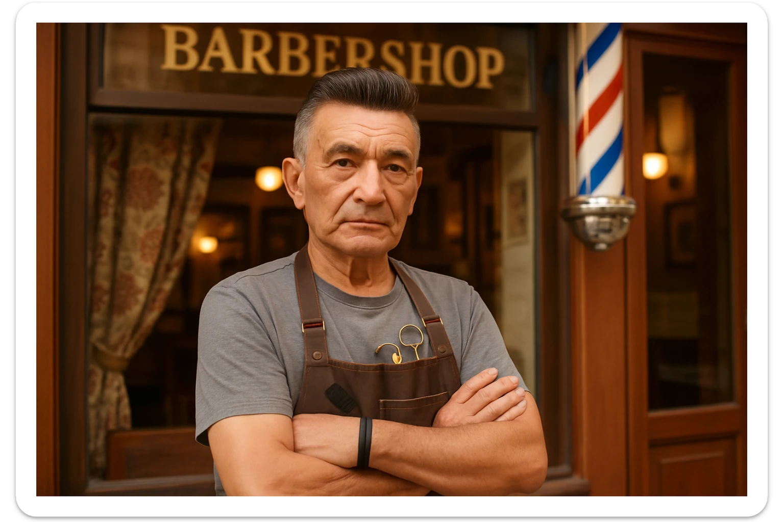 huddi shu odamni qariroq va soqolsiz tasvirlab ber o'zgartirib realistik qilib orqa fon sartaroshxona belidan sal pastroqqacha uzbek sartaroshi juda ham qari emas lekin yosh ham emas sticker