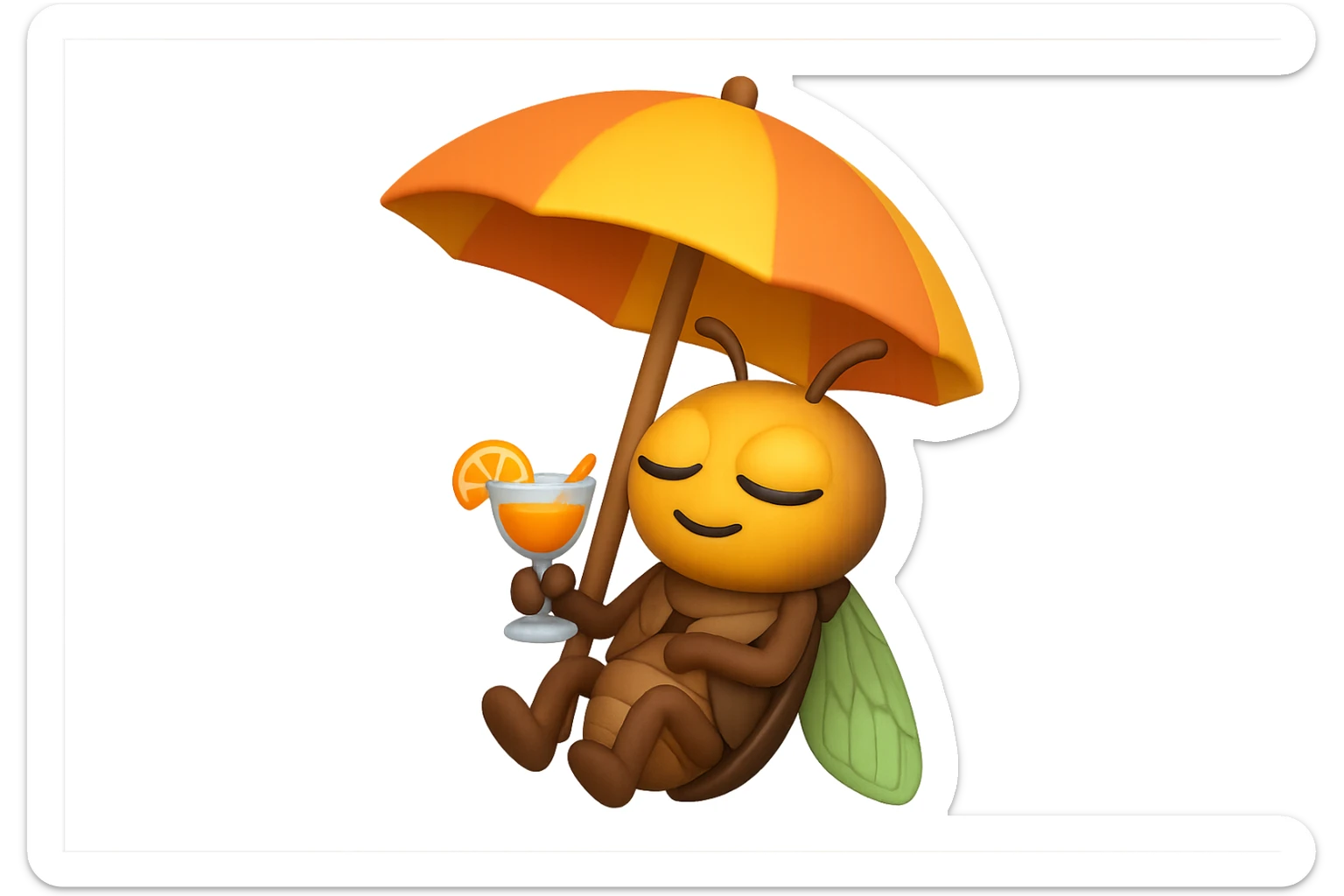 EMOJI STILE IPHONE 3D DI UNA CICALA CHE STA RILASSATA SEDUTA SOTTO L'OMBRELLONE CON UN COCKTAIL IN MANO sticker