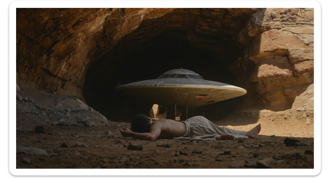 cinematic still, documentary photography, acient egypt, back shot of a man dress in ancient clothes in cave on ground laying front of small ufo starship, palms, dynamic scane, leading lines, captured by arri alexa, depth layers, piramids in babckground sticker