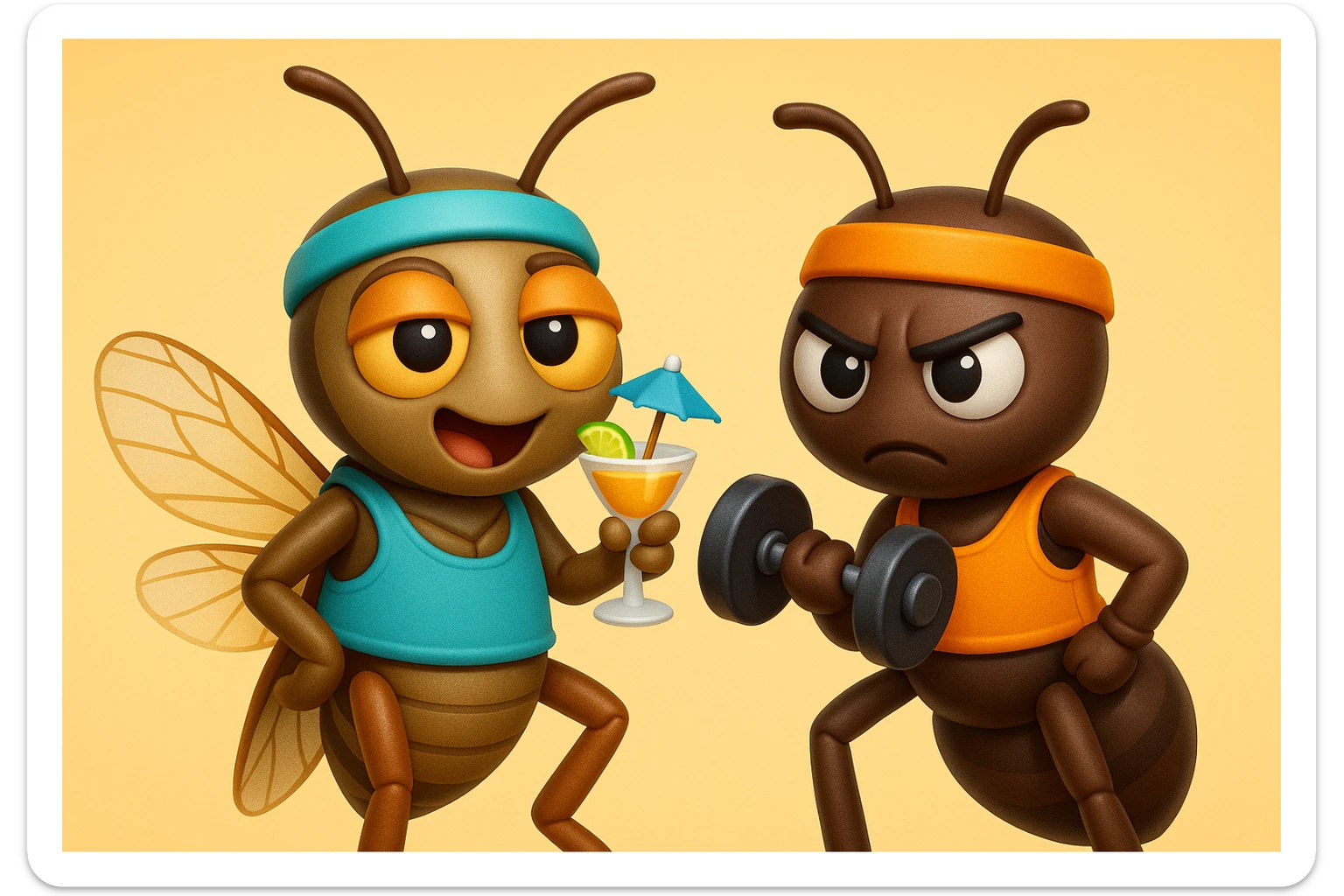 EMOJI STILE IPHONE 3D DI UNA CICALA E UNA FORMICA IN ABITI FITNESS, LA CICALA HA IN MANO UN COCKTAIL MENTRE LA FORMICA HA IN MANO UN MANUBRIO DA PALESTRA. L'IMMAGINE RAPPRESENTA IL FATTO CHE LA FORMICA VOGLIA IMPEGNARSI REALMENTE PER CAMBIARE IL SUO FISICO MENTRE LA CICALA SI VUOLE DIVERTIRE E NON CONCLUDE NULLA ALLA FINE sticker