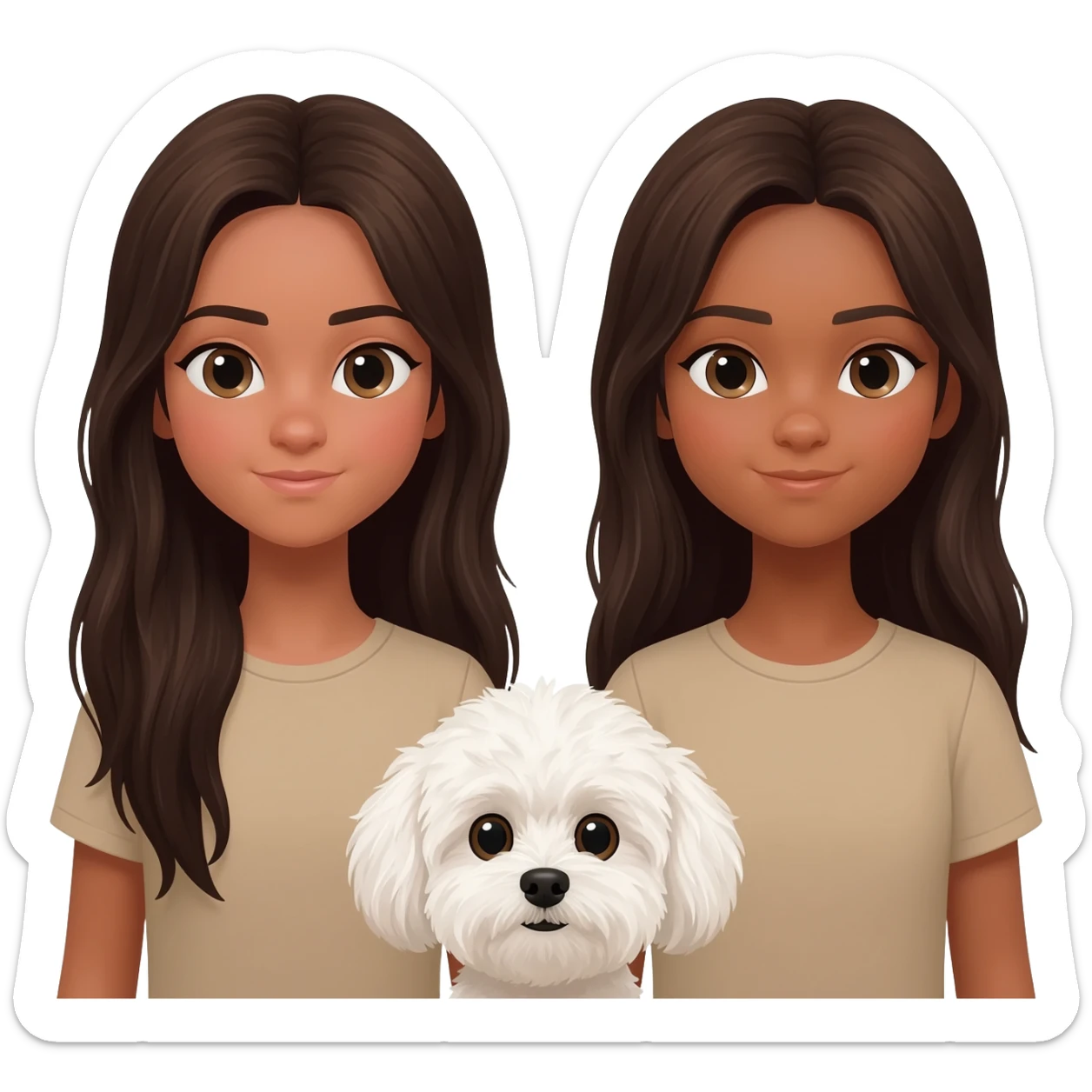 Only include faces two identical girls both with very dark long brown hair and darker beige ish skin for BOTH with a white fluffy dog small dog sticker