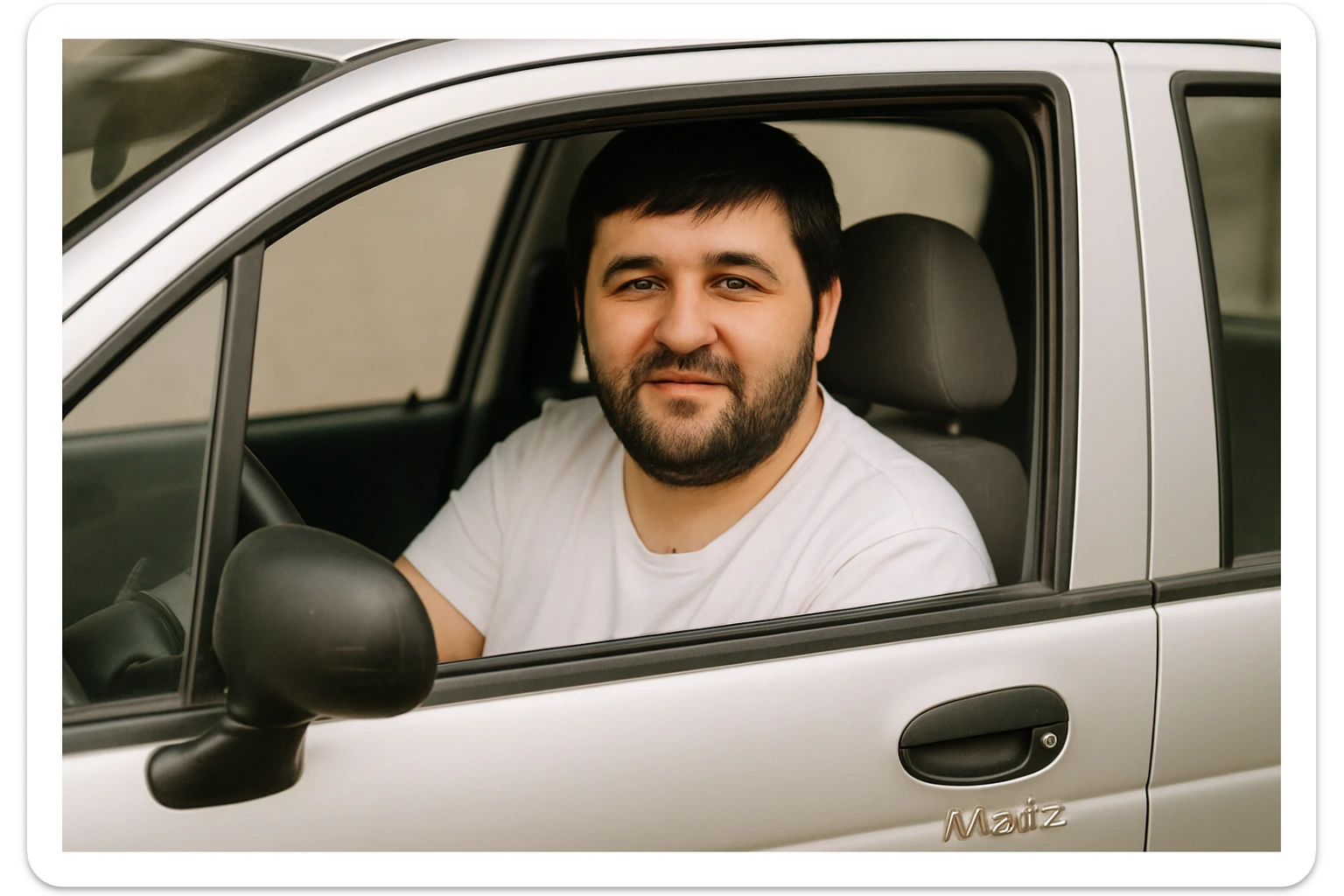 mana shu rasmdagi odam matiz mashinasining haydovchi o'rindig'ida o'tirib oynasidan kameraga qarab turgan holatini tasvirlab ber sticker