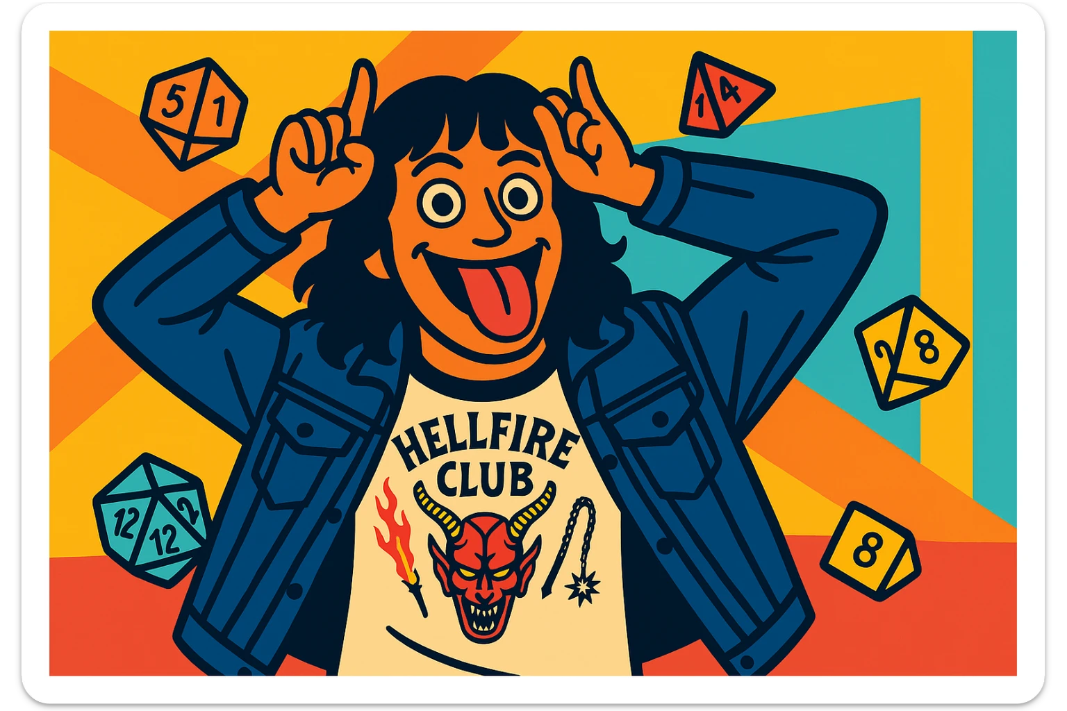 Eddie Munson in vibrant toon style, wide aspect ratio (16:9), making a playful face with hands as horns and tongue out, surrounded by floating Dungeons & Dragons dice, lighter vivid colors and dark outlines. sticker