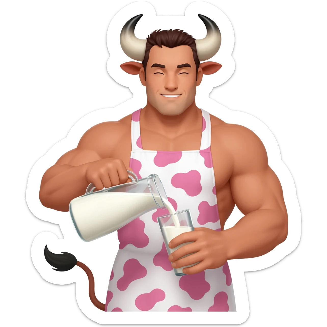extra large muscular handsome man in the collar with bull horns and and bull ears bull tail dressed in cute apron with pink cow print pouring milk from a glass sticker