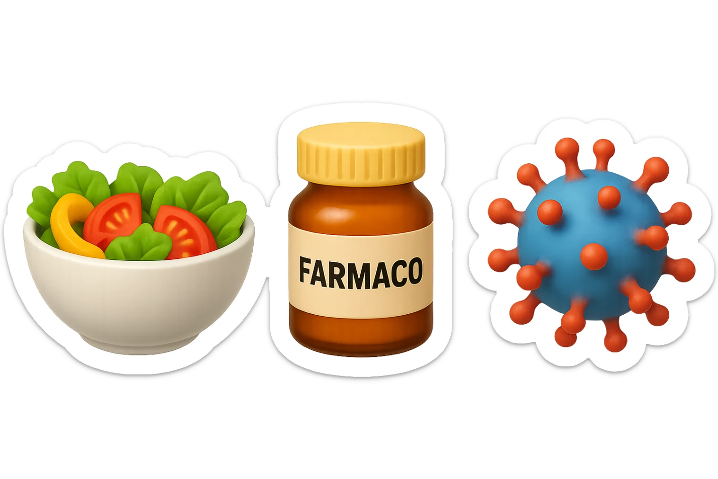 EMOJI STILE IPHONE DI una bowl di insalata, una boccetta di farmaco con la scritta "FARMACO" SULLA BOCCETTA E UN VIRUS, FLUTTUANO IN ARIA, IPERREALISTICO 4K sticker