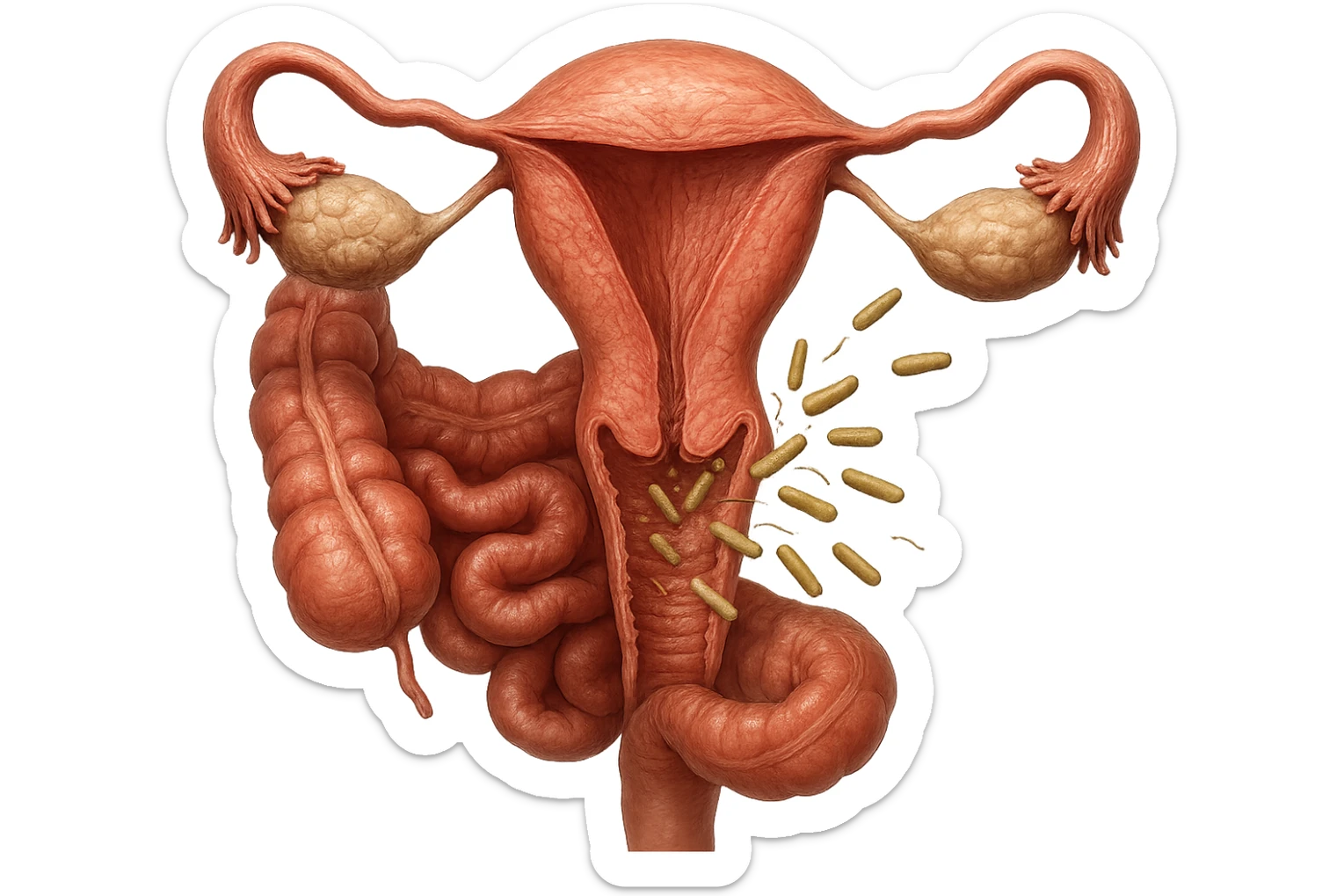 UTERO UMANO E INTESTINO ANATOMICI REALISTICO CON BATTERI CHE ESCONO DALL'INTERNO, IPERREALISTICO 4K sticker