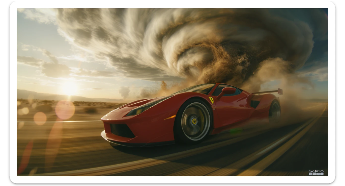 Cinematic still of a ferrari f40 around tornado od arizona desert, sun flare, big earth in background, captured by gopro hero with effect fisheye sticker