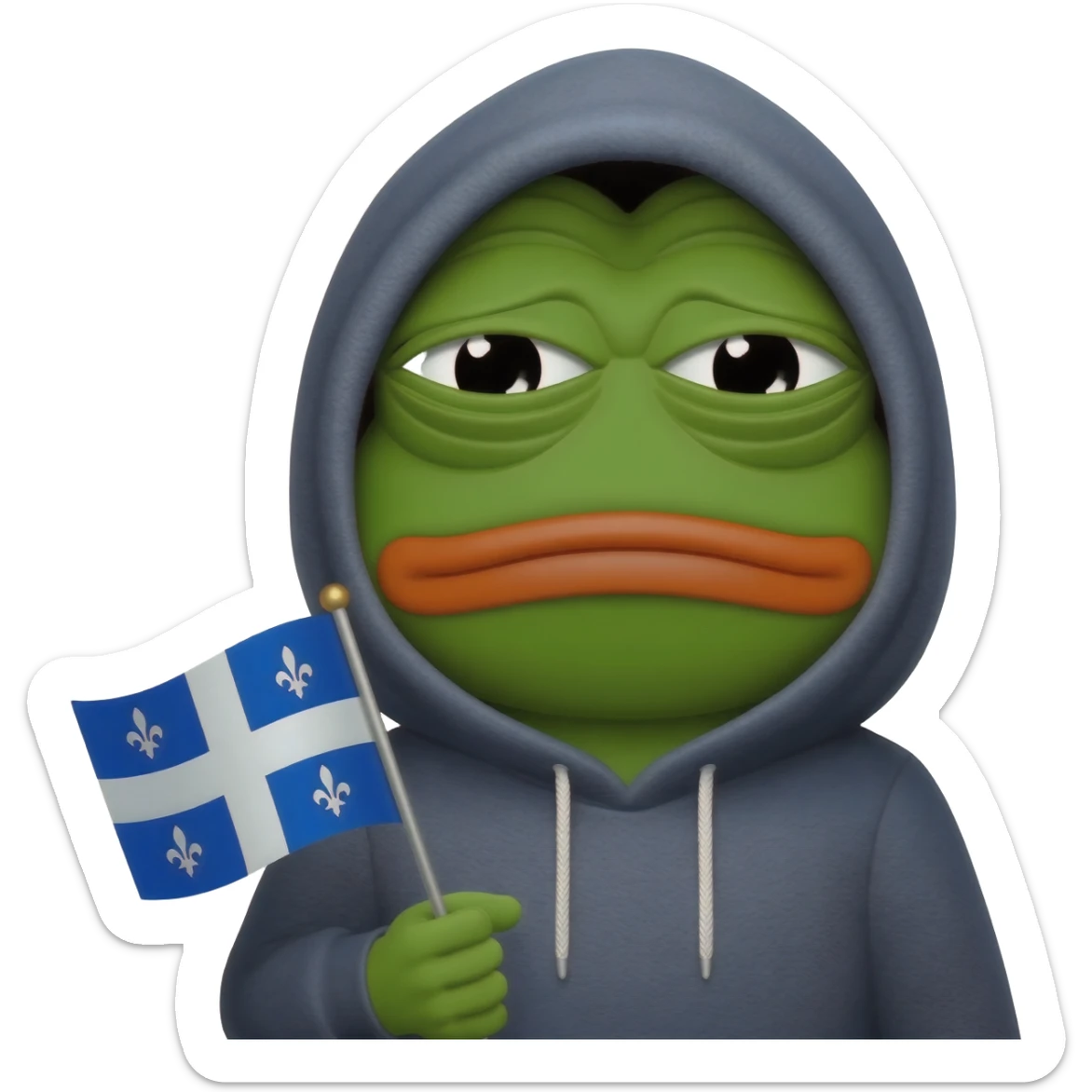 sad pepe in hoodie on the head with quebec flag sticker