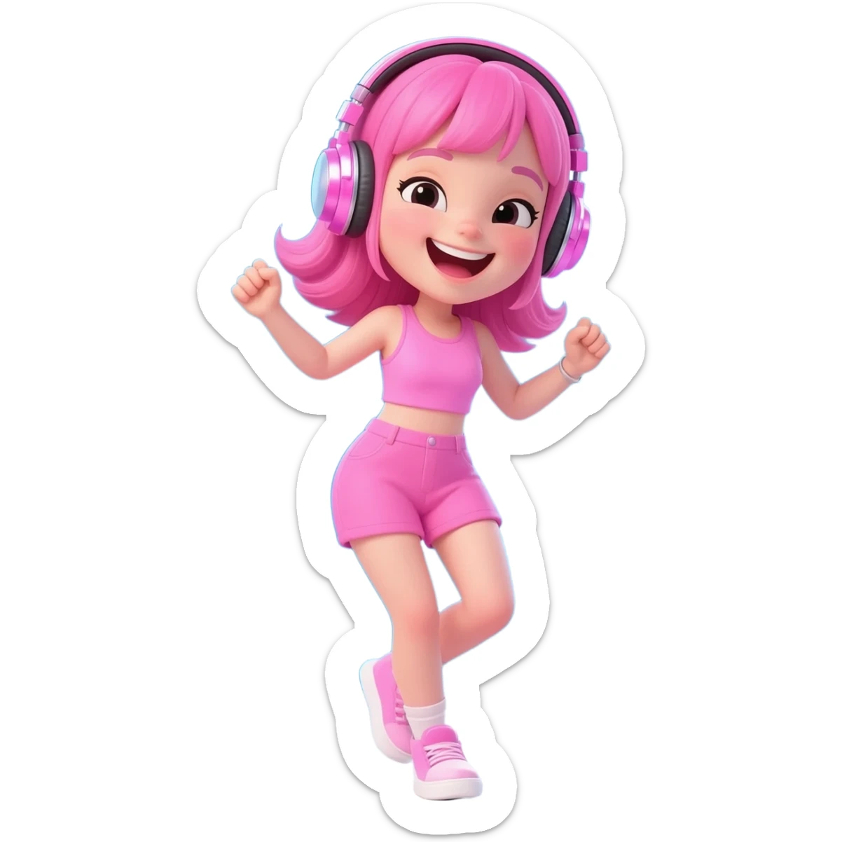Pretty girl in pink hair and clothes and in super shiny pink headphones dances with pleasure in the midst of studio blue backdrop, copy space, high quality video sticker