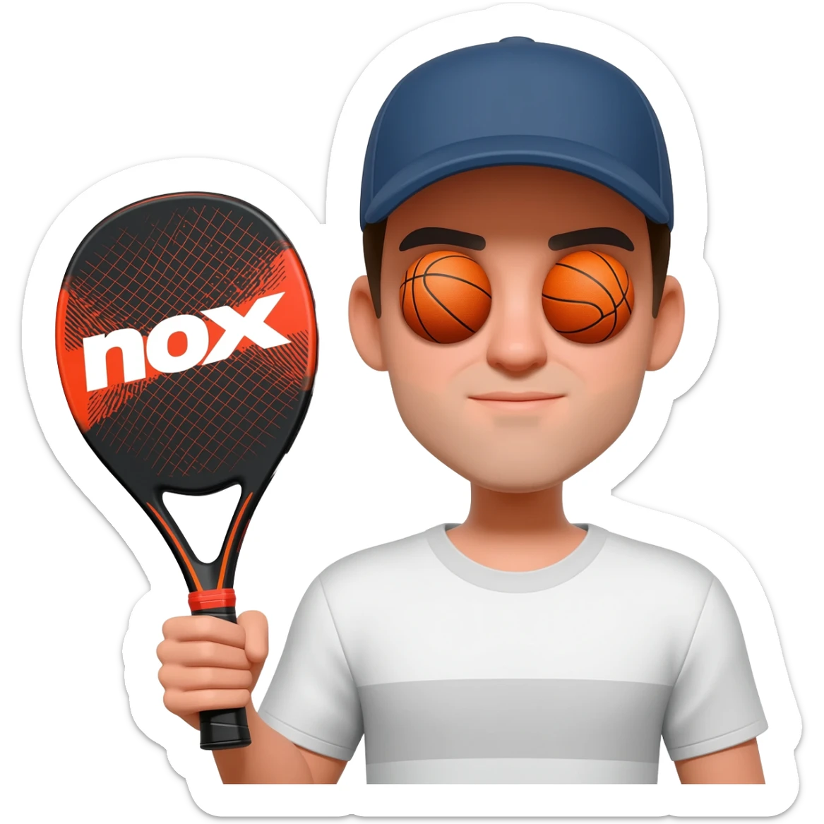 make a circular imogi of man with NOX padel bat with balls as eyes and wearing a cap sticker