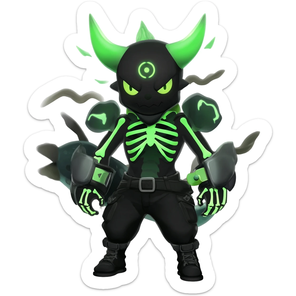 Horned Evil Cool Handsome Badass Edgy Obsidian-black and neon-glowing-green skeletal Meloetta-Salandit-Gorebyss-Zygarde-Pokémon-Fakémon-creature-fusion-hybrid sticker