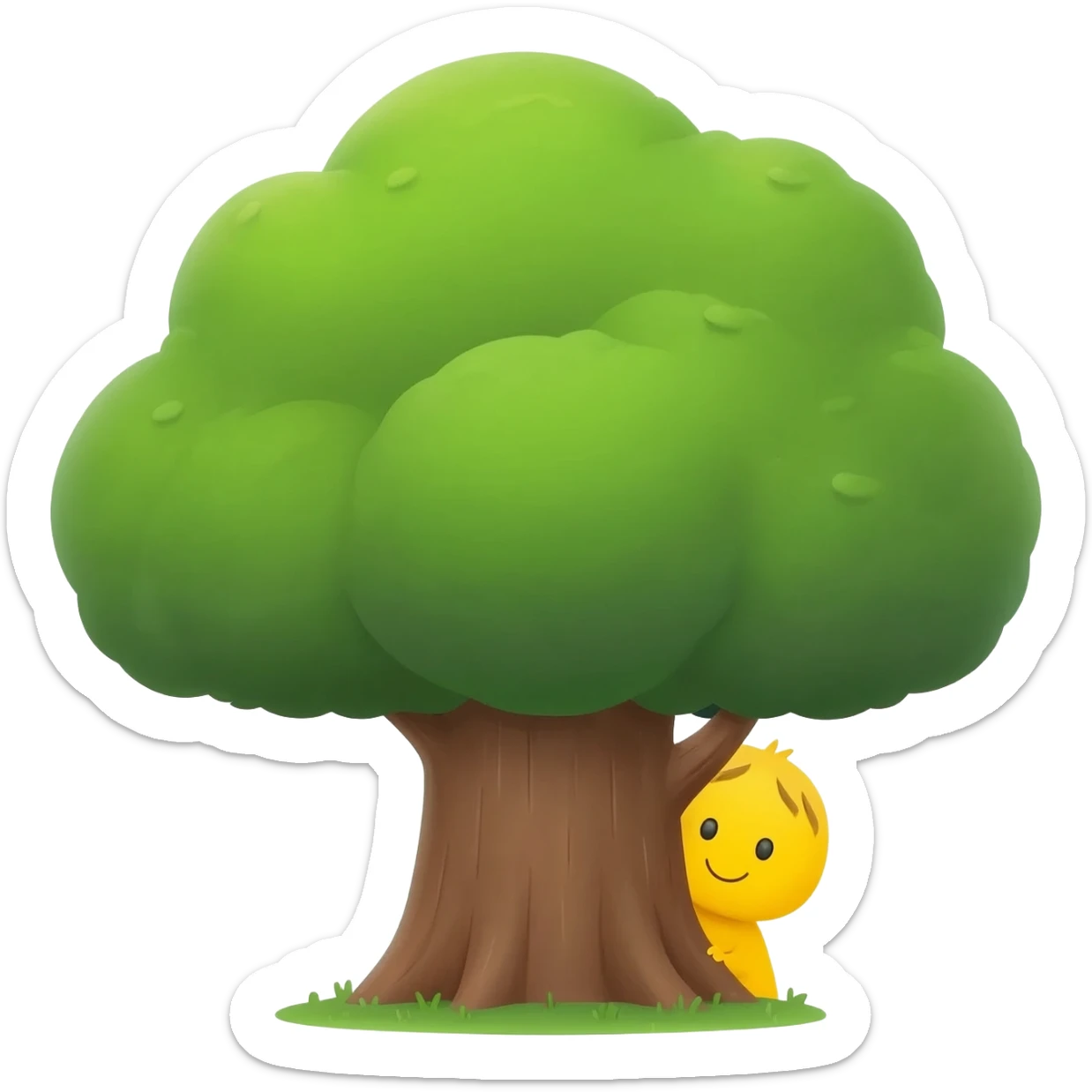 Yellow emoji face with Innocent eyes stand behind a big tree and sneakily peeking sticker