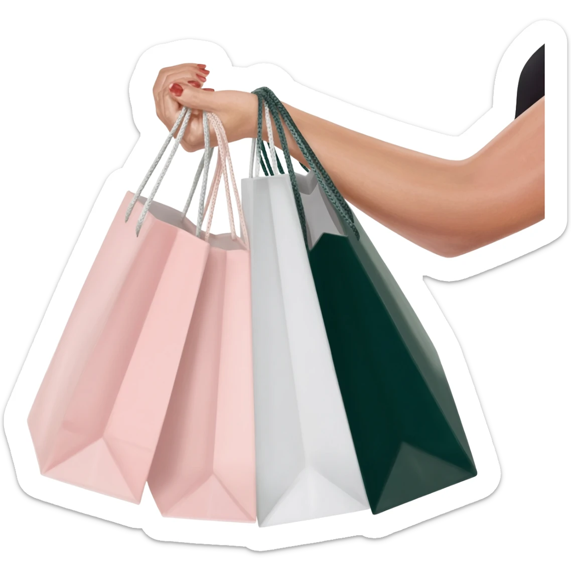 Minimalist studio photo of a woman’s arm extending from the right side of the frame holding multiple elegant shopping bags, pastel pink, white, and dark green paper bags with thin handles, sticker
