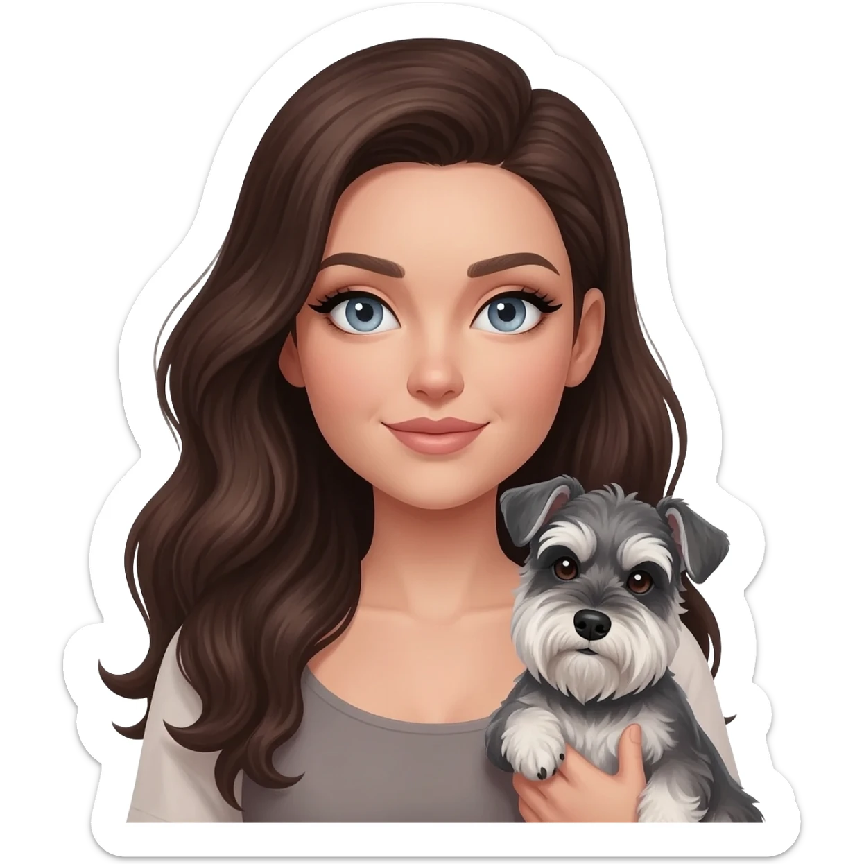 Brunette grey blue eyes white girl with long wavy hair and thick eyeliner holding a salt and pepper miniature schnauzer sticker
