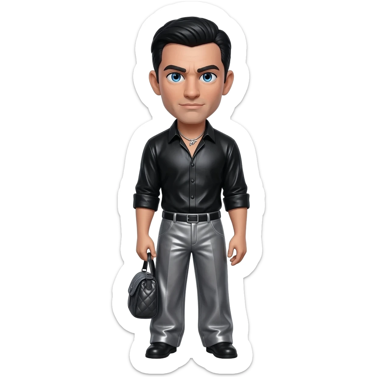 James Bond from James Bond with blue eyes, black hair, black metallic shirt, charcoal metallic baggy pants, silver necklace sticker