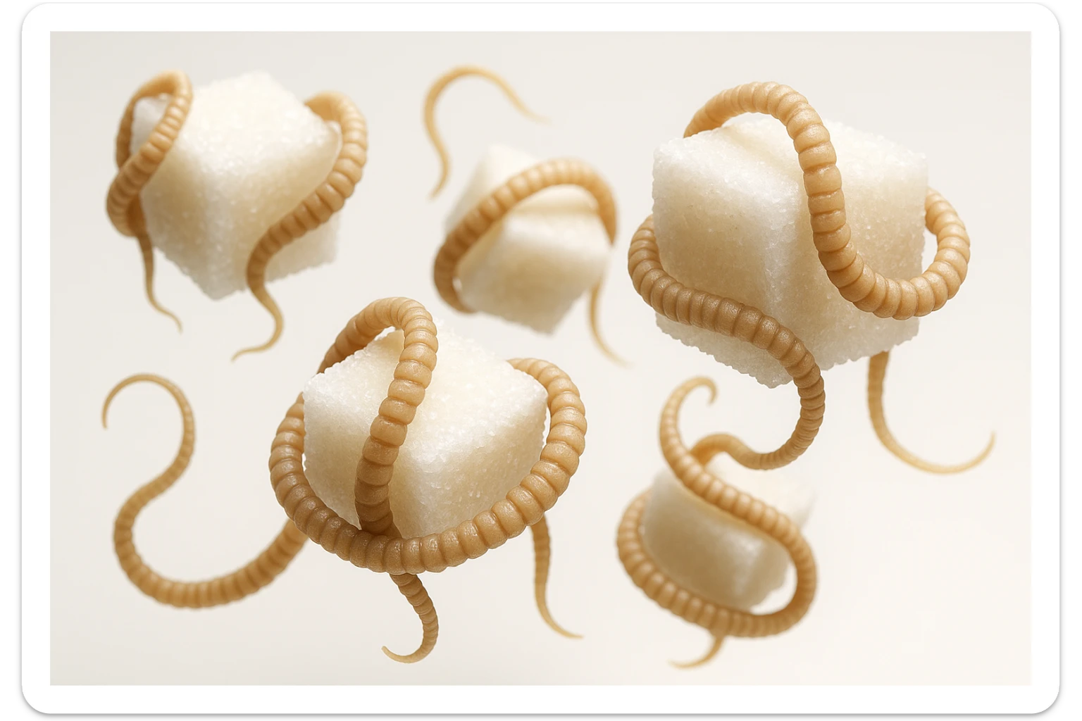 ZOLLETTE DI ZUCCHERO CON PARASSITI TIPO LA TENIA ARROTOLATE INTORNO AD OGNI ZOLLETTA, FLUTTUANO IN ARIA SU SFONDO BIANCO, IPERREALISTICO 4K sticker