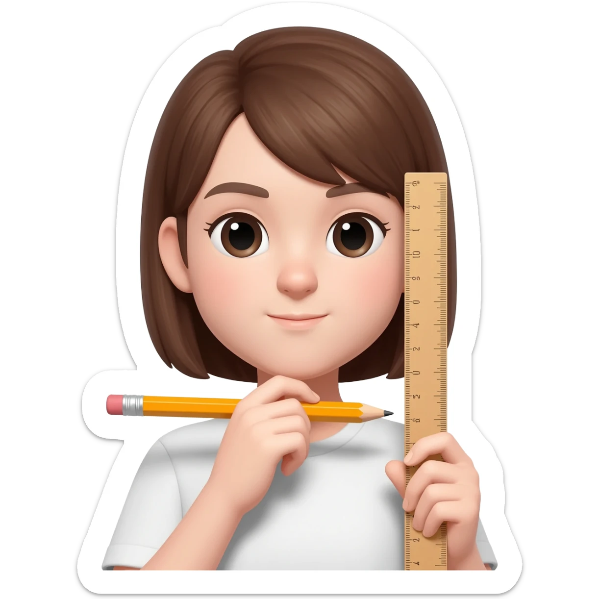 Girl holding a pencil horizontally under her chin with one hand and a ruler vertically from her ear downwards with the other hand sticker