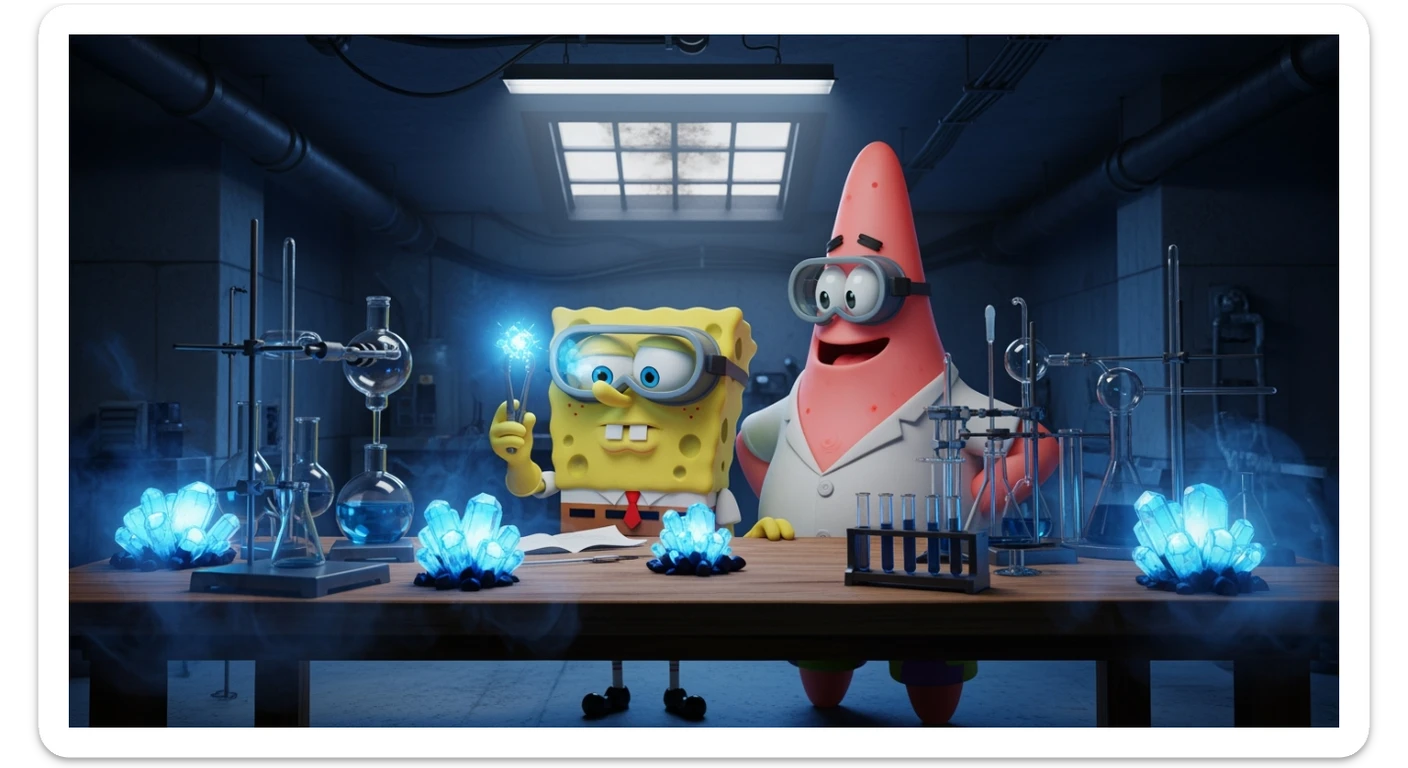 3D cienmatic cartoon shot, spongebob and patric dress in safety glasses and safe white outfit, the are standing front of table with blue crystals on table glowing (light source) science room in basement, back light, Cinema 4d render, proffesional lightning, blue colors sticker