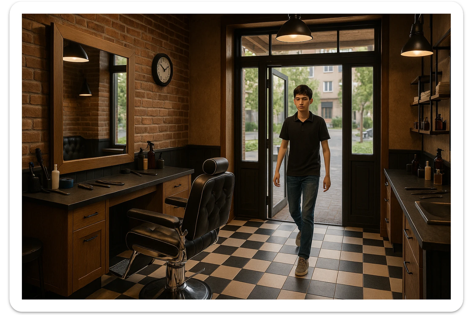 Shu odamni sartaroshxonaga kirib kelayapti  o'smirin davri rakurs ichkaridan sartaroshxona eski ham yangi ham emas bolani juda semiz qilib yuborma  u ozg'inroq bo' huddi sartaroshxonani  hammadan oldin kelib ochsin sticker