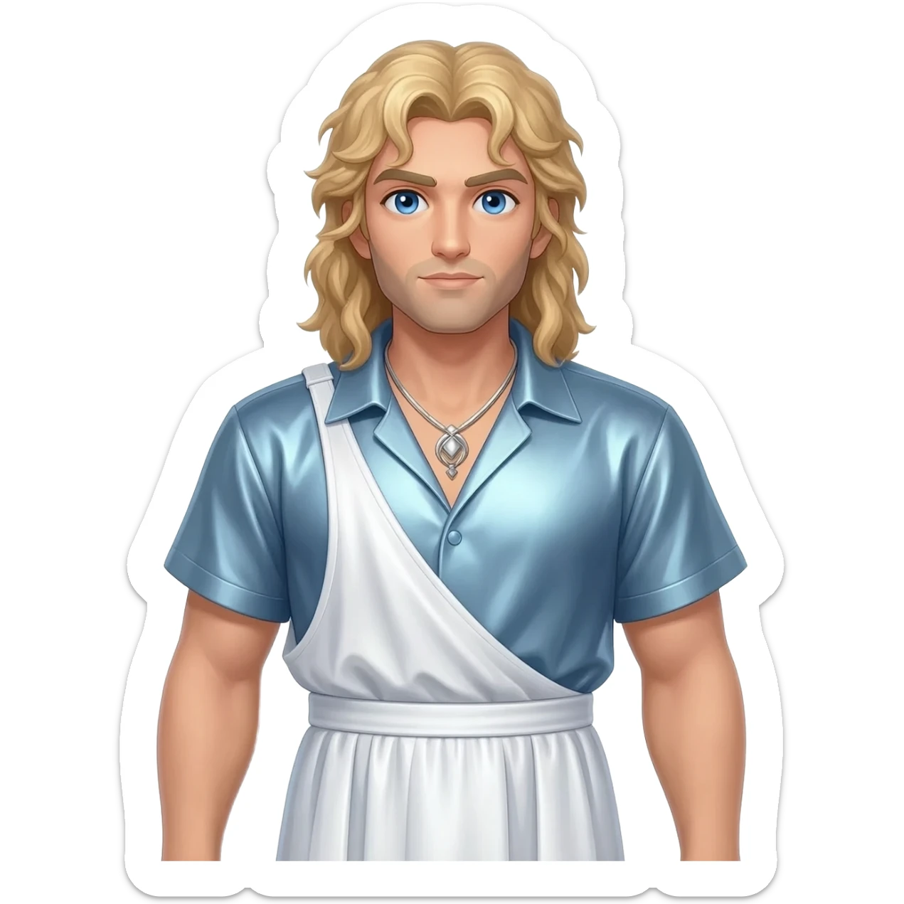 Zeus from Greek Mythology with blue eyes, long blonde hair, light steel blue metallic shirt, white metallic baggy dress pants, silver necklace sticker