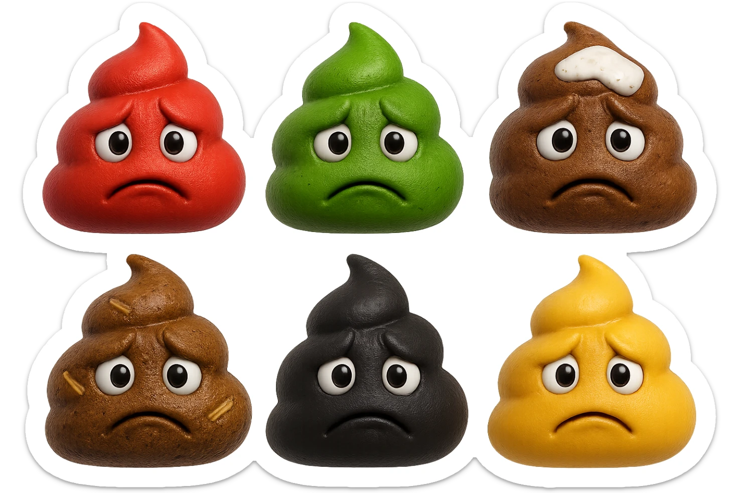 emoji stile iphone 3d di una cacca di colore rosso, una cacca di colore verde, una cacca di colore marrone con muco bianco visibile sopra,  una cacca di colore marrone con penne di pasta a pezzetti visibili all'interno di essa,  una cacca di colore nero e una cacca di colore giallo, tutte le cacche hanno un espressione triste, iperrealistiche 4k sticker