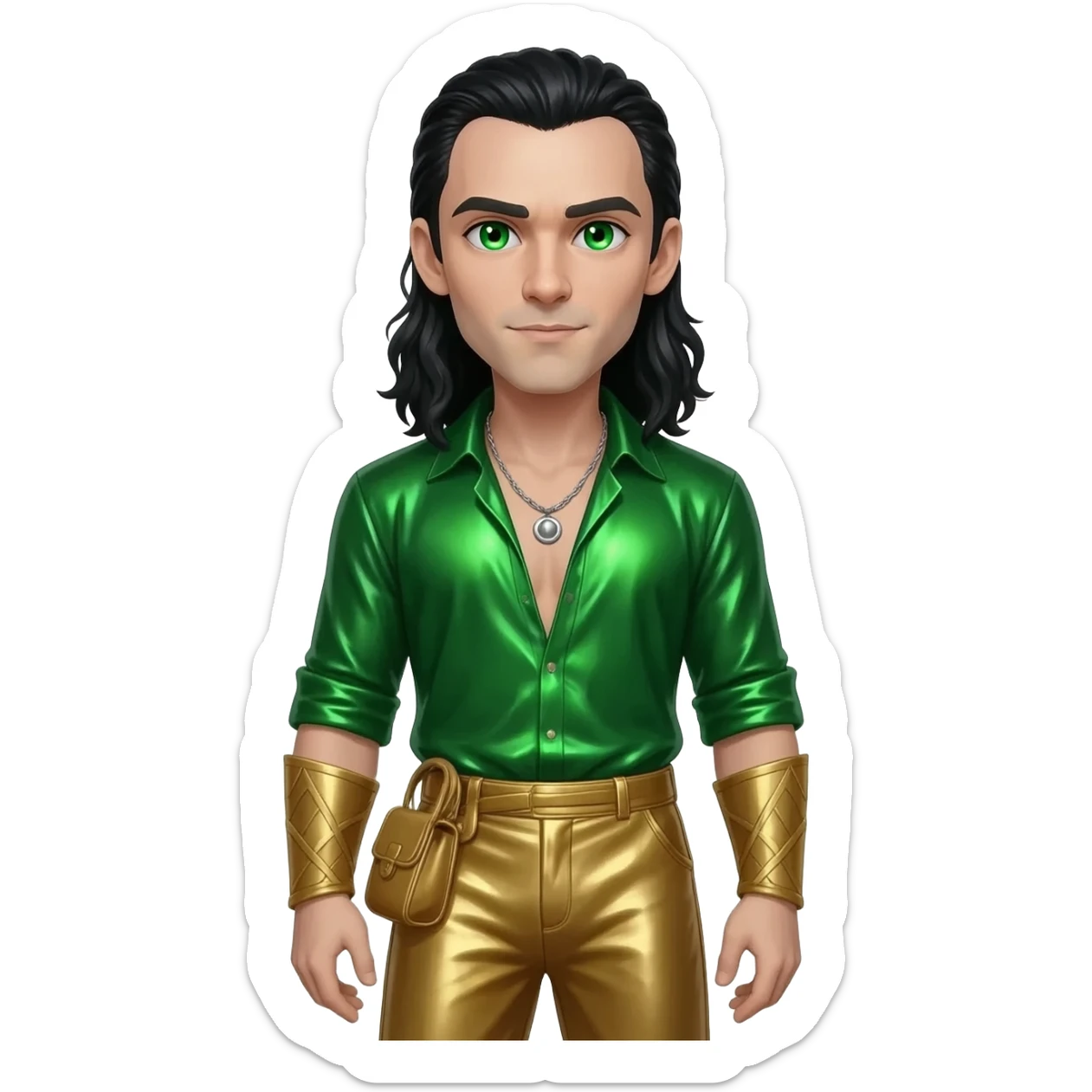 Loki from Norse Mythology with green eyes, long black hair, green metallic shirt, gold metallic baggy pants, silver necklace sticker