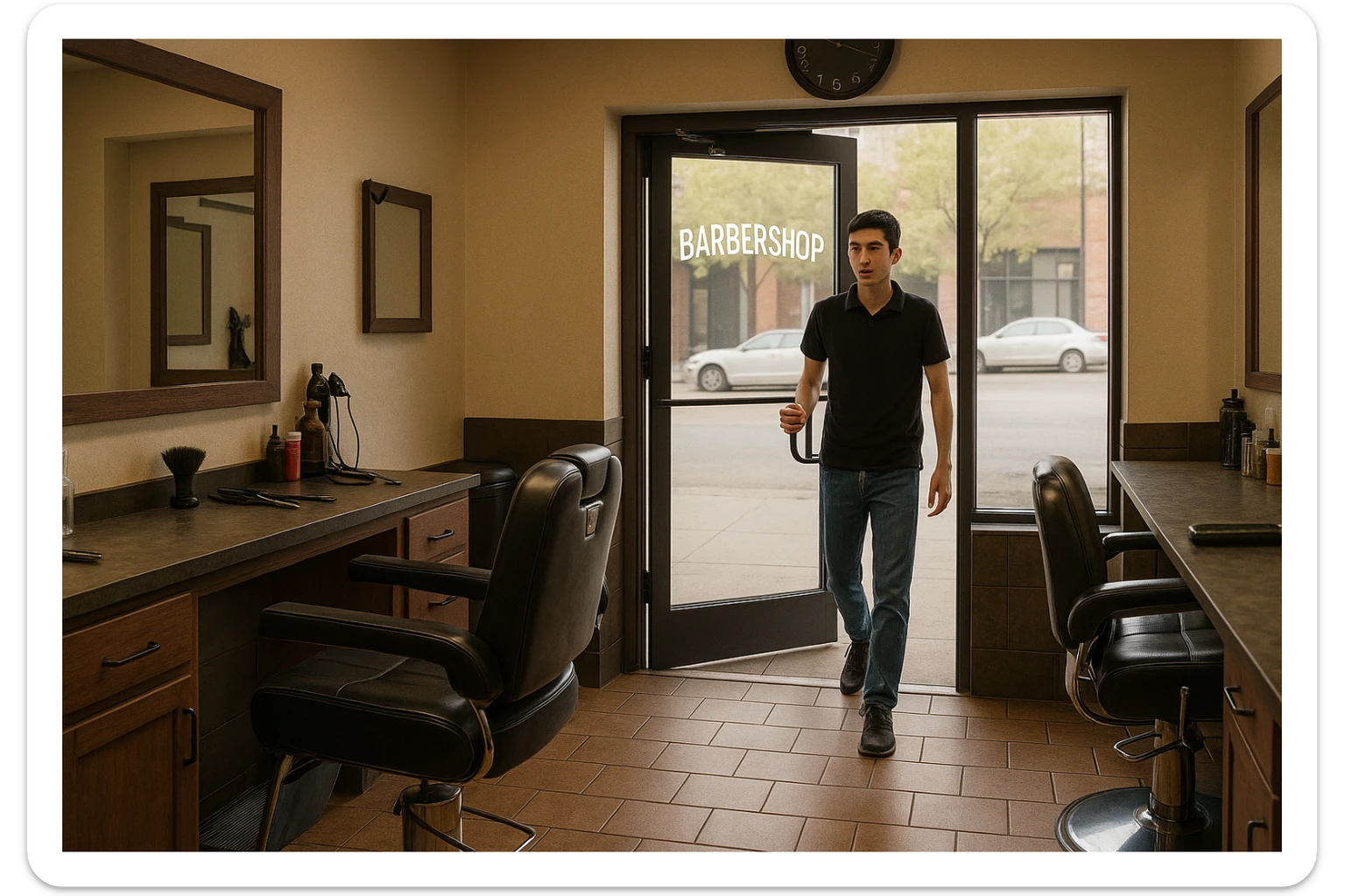 Shu odamni sartaroshxonaga kirib kelayapti  o'smirin davri rakurs ichkaridan sartaroshxona eski ham yangi ham emas bolani juda semiz qilib yuborma  u ozg'inroq bo' huddi sartaroshxonani  hammadan oldin kelib ochsin sticker