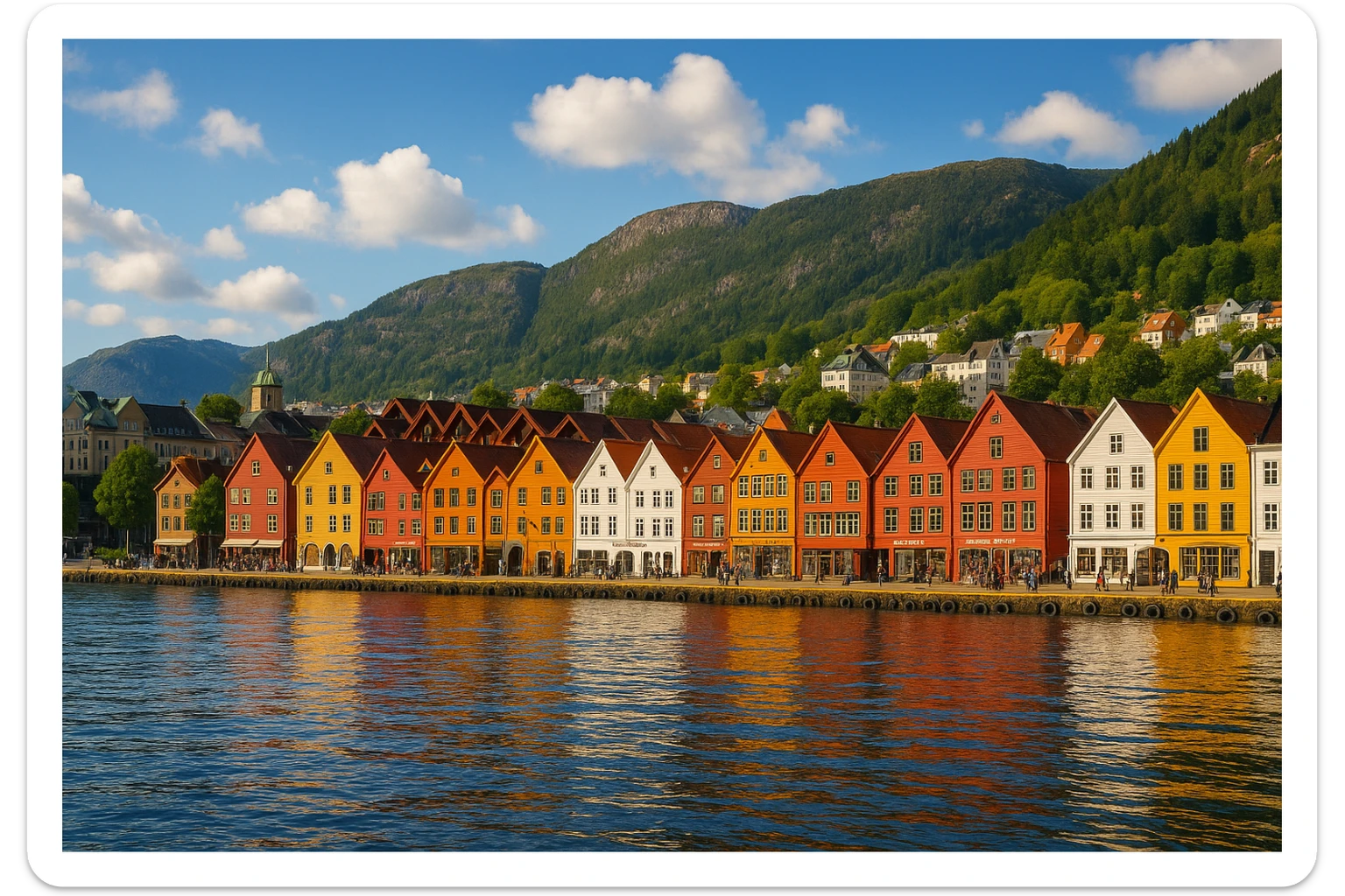 Bergen, Norway city skyline with view of water, colorful buildings, mountains in background, scenic waterfront, vibrant and inviting sticker