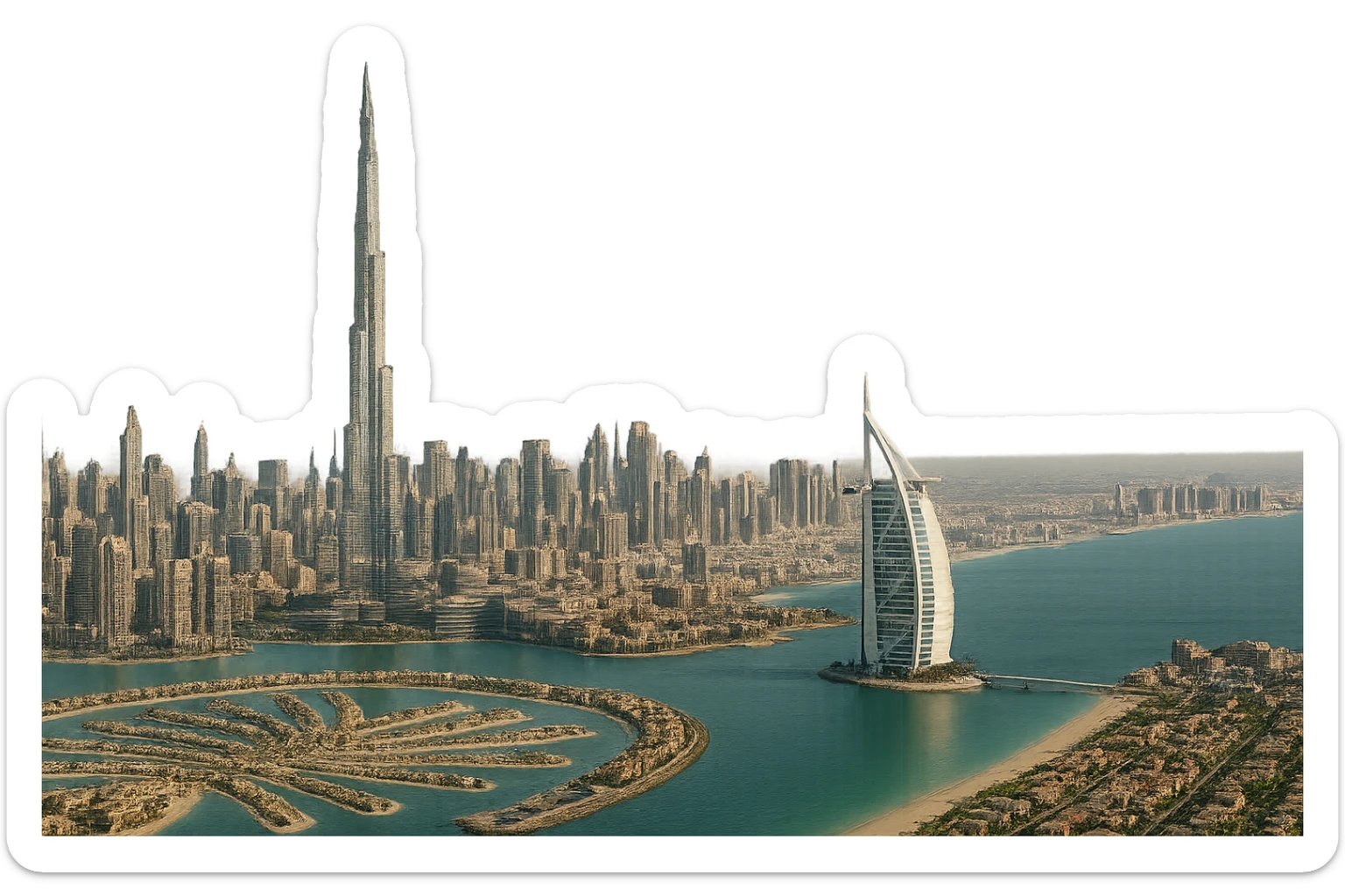cinematic realistic emoji of Dubai, wide city view with iconic landmarks Burj Khalifa, Burj Al Arab, Palm Jumeirah, lifelike detail, accurate colors, bright daytime lighting, fully transparent background, no sky, no clouds sticker