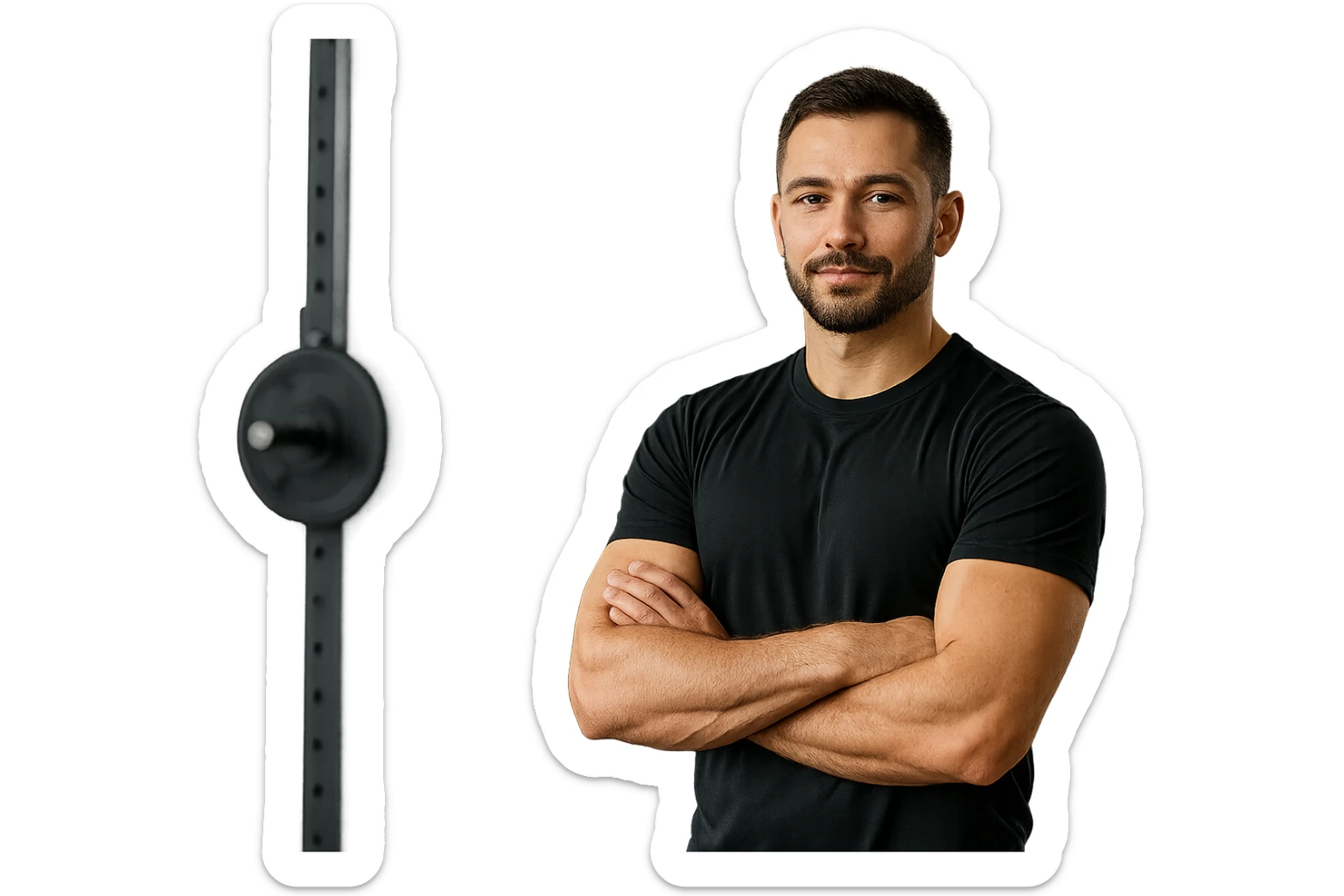 uomo sicuro di sè a braccia conserte, ben allenato e sereno, sullo sfondo una palestra sticker