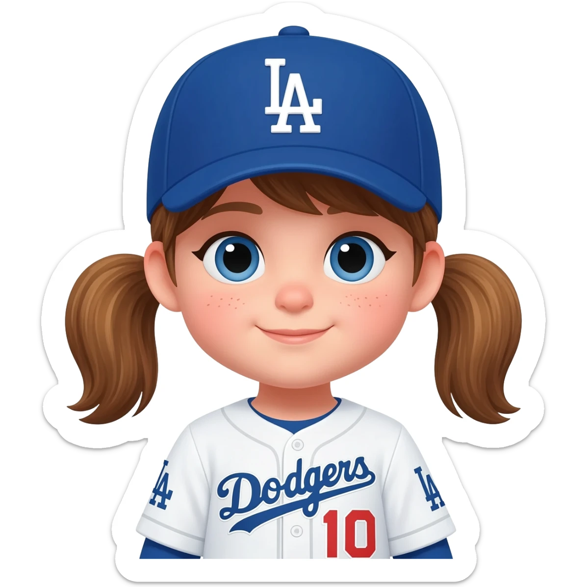 toddler girl in a white dodgers uniform with baseball cap with light brown pigtails and blue eyes sticker
