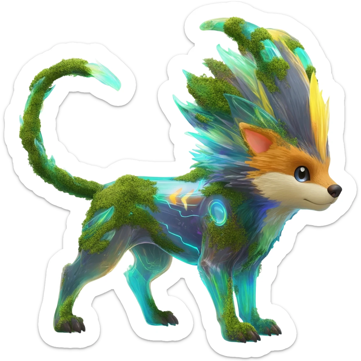Realistic Sharp mossy elemental detailed Colorful translucent luminescent Trico-Lykoi-Noibat-Sergal-Furret-Ferret-Wolverine-Vernid-furry-fursona-fusion-Fakemon-animal-hybrid-creature, full body sticker