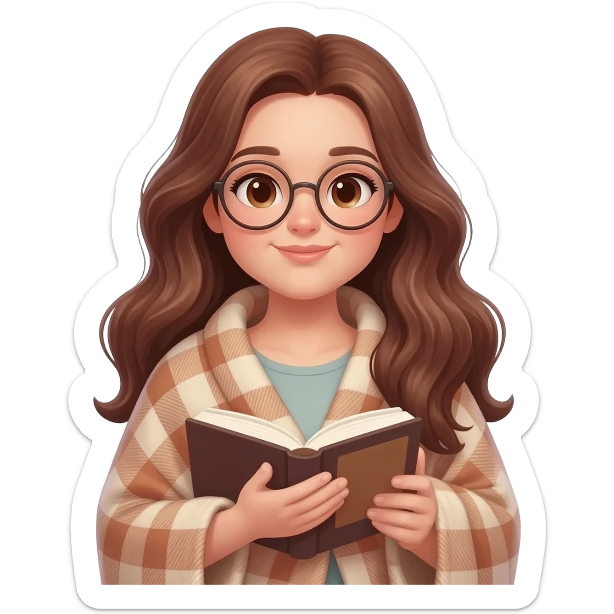 detailed emoji illustration of a curvy woman with long chestnut brown wavy hair, light brown eyes and round glasses, wrapped in a cozy plaid blanket and reading a book, calm peaceful expression, soft warm lighting, cute emoji style sticker
