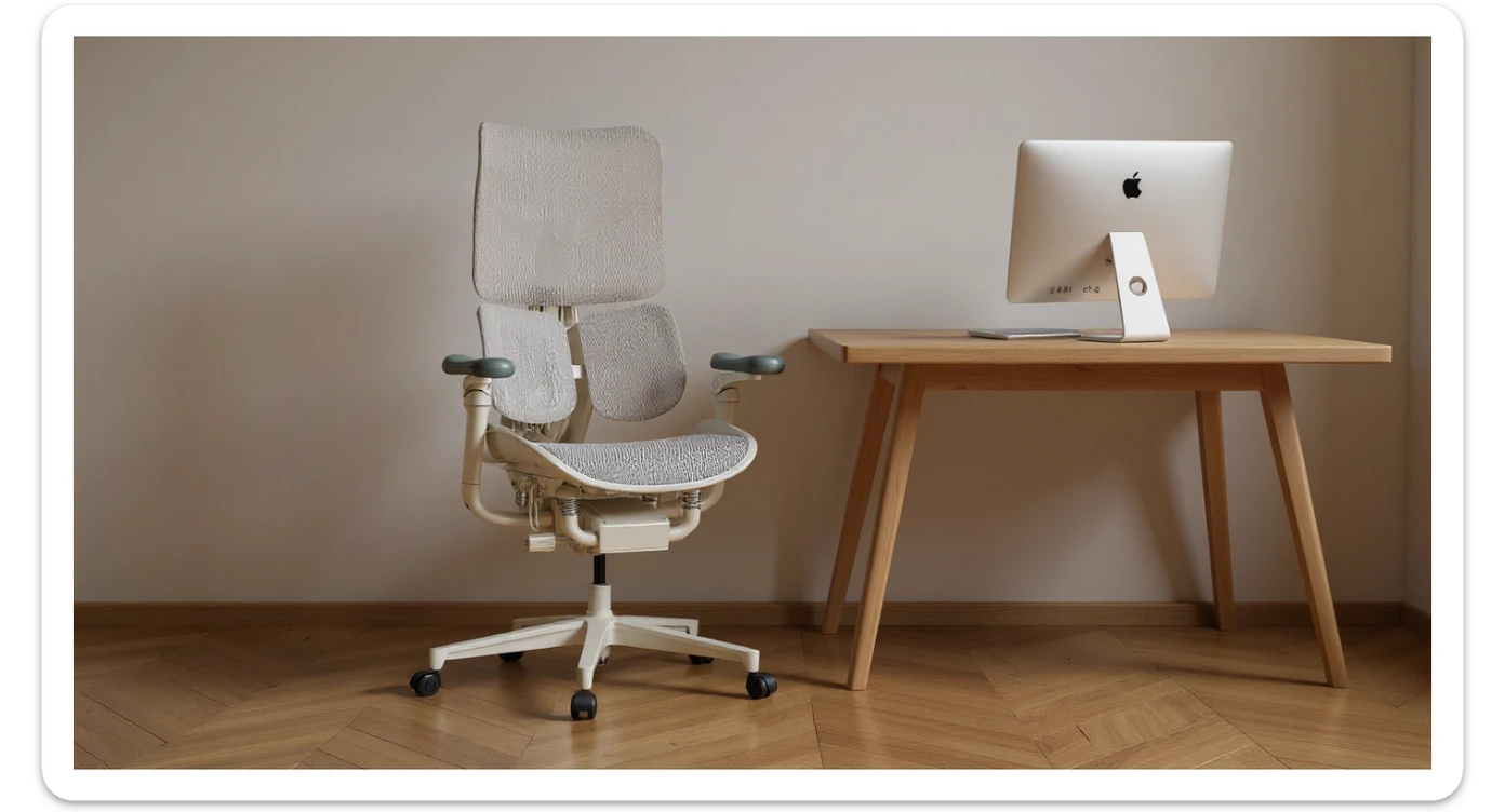 Editorial shot, Make this chair next to desk with mac setup, wooden modern floor, minimalistic room, contrast chair to wall, chair standing front to camera, soft bright light in room sticker
